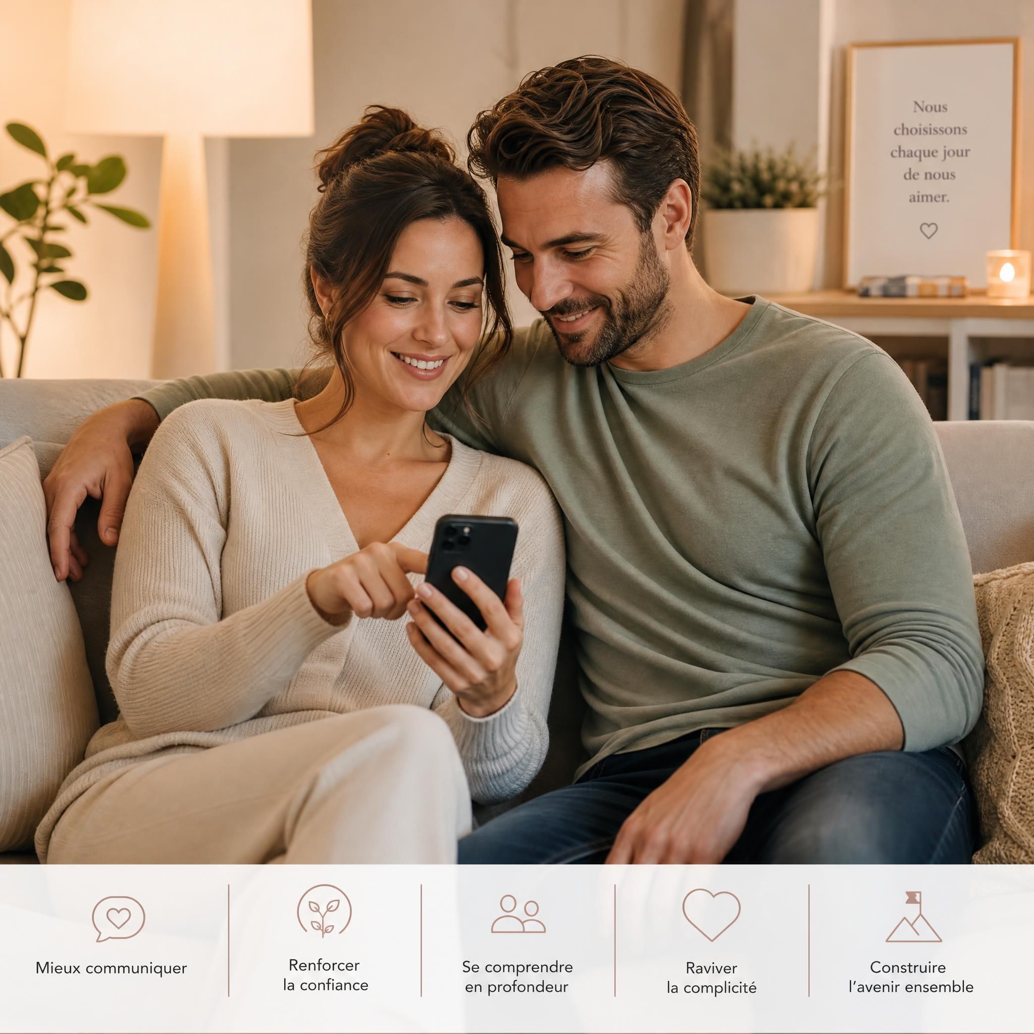 Couple utilisant une application mobile ensemble sur un canapé, ambiance douce et bienveillante, symbolisant la reconstruction de la relation amoureuse