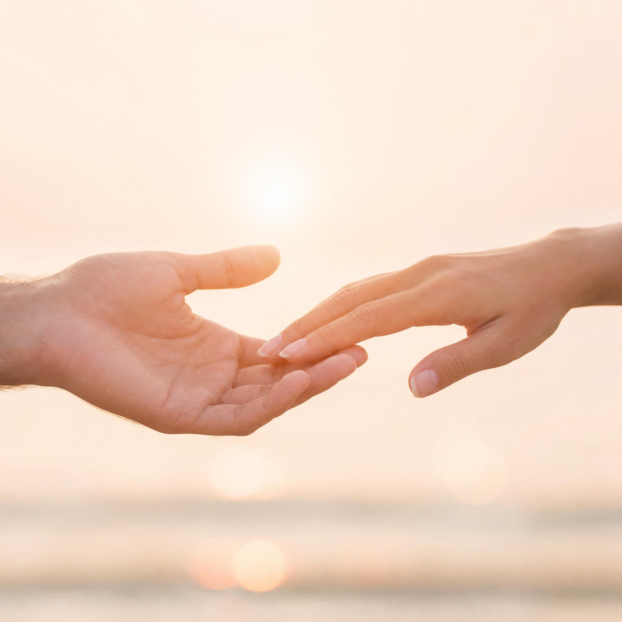 Deux mains se rejoignant doucement sur un fond doux, symbolisant la reconnexion émotionnelle et la confiance retrouvée dans un couple