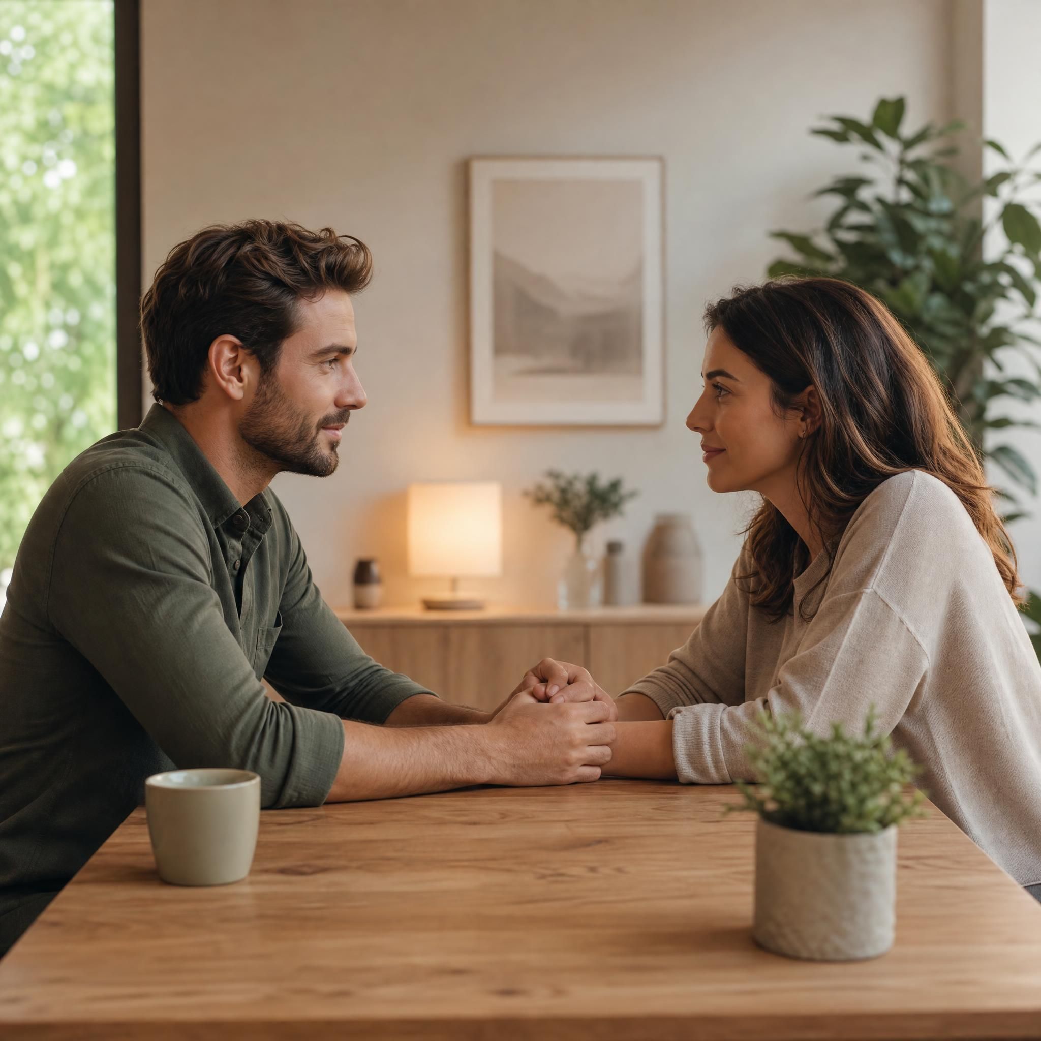 Couple assis face à face, se tenant les mains sur une table en bois, dans une atmosphère de dialogue apaisé et de réconciliation