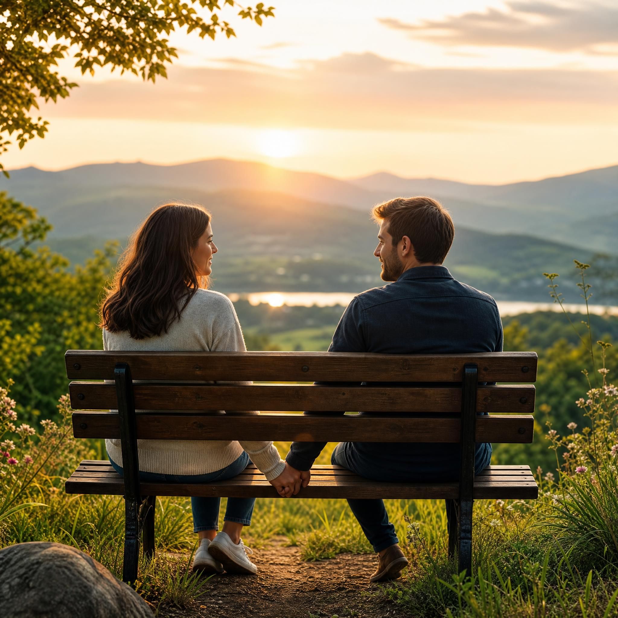 Couple qui se tient la main sur un banc en pleine nature, symbole de réconciliation et de reconstruction après une crise amoureuse