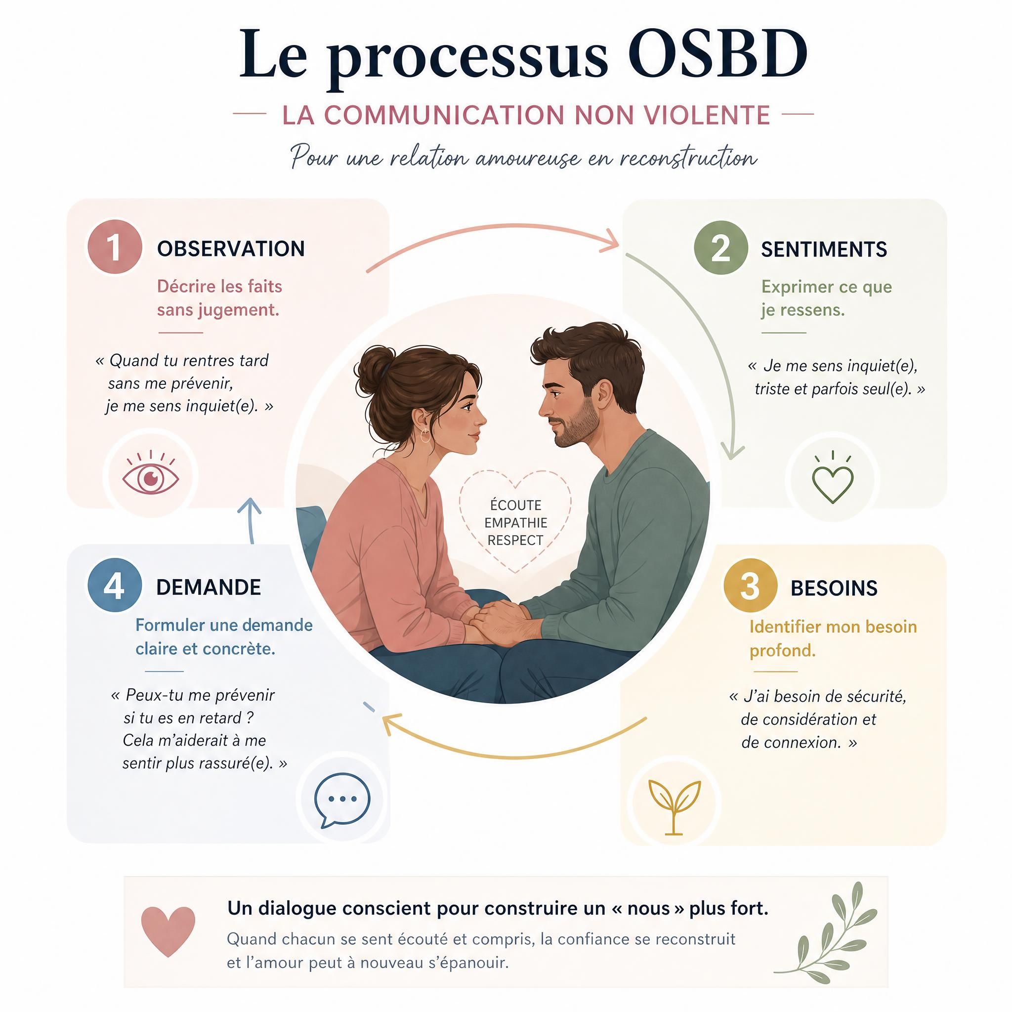 Schéma illustrant le processus OSBD de la communication non violente dans une relation amoureuse, couple en reconstruction