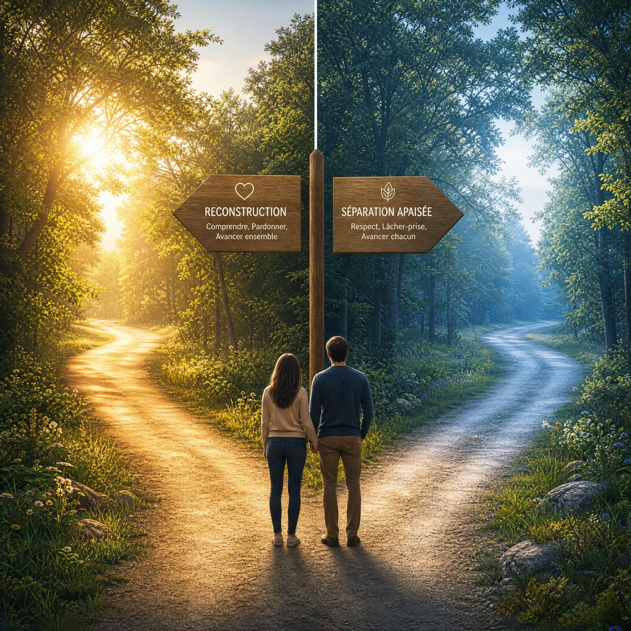 Illustration symbolique d'un carrefour avec deux chemins lumineux dans une forêt, métaphore du choix de reconstruction ou de séparation apaisée pour un couple
