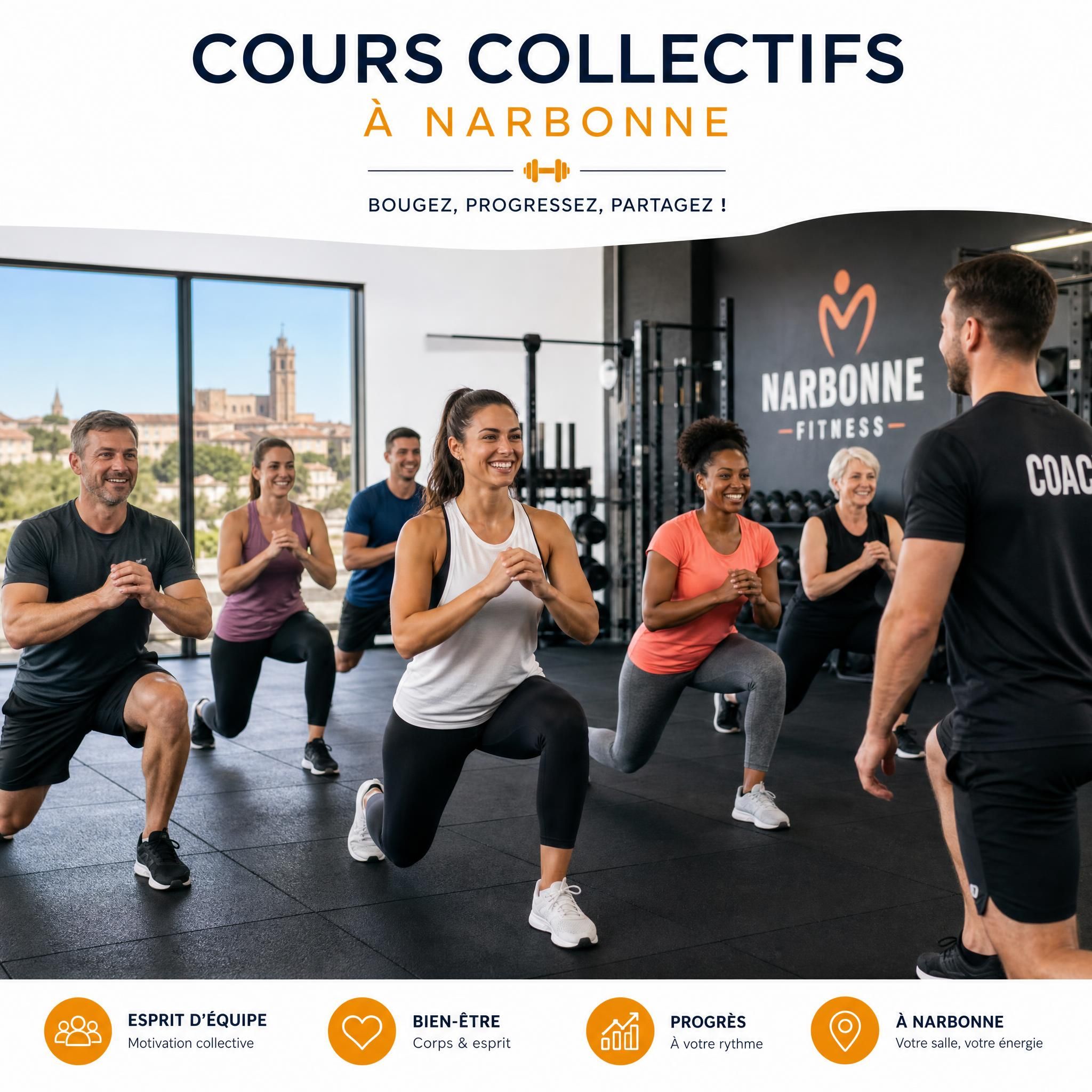 Groupe de personnes diversifié participant à un cours collectif motivant dans une salle de sport à Narbonne, ambiance dynamique et bienveillante