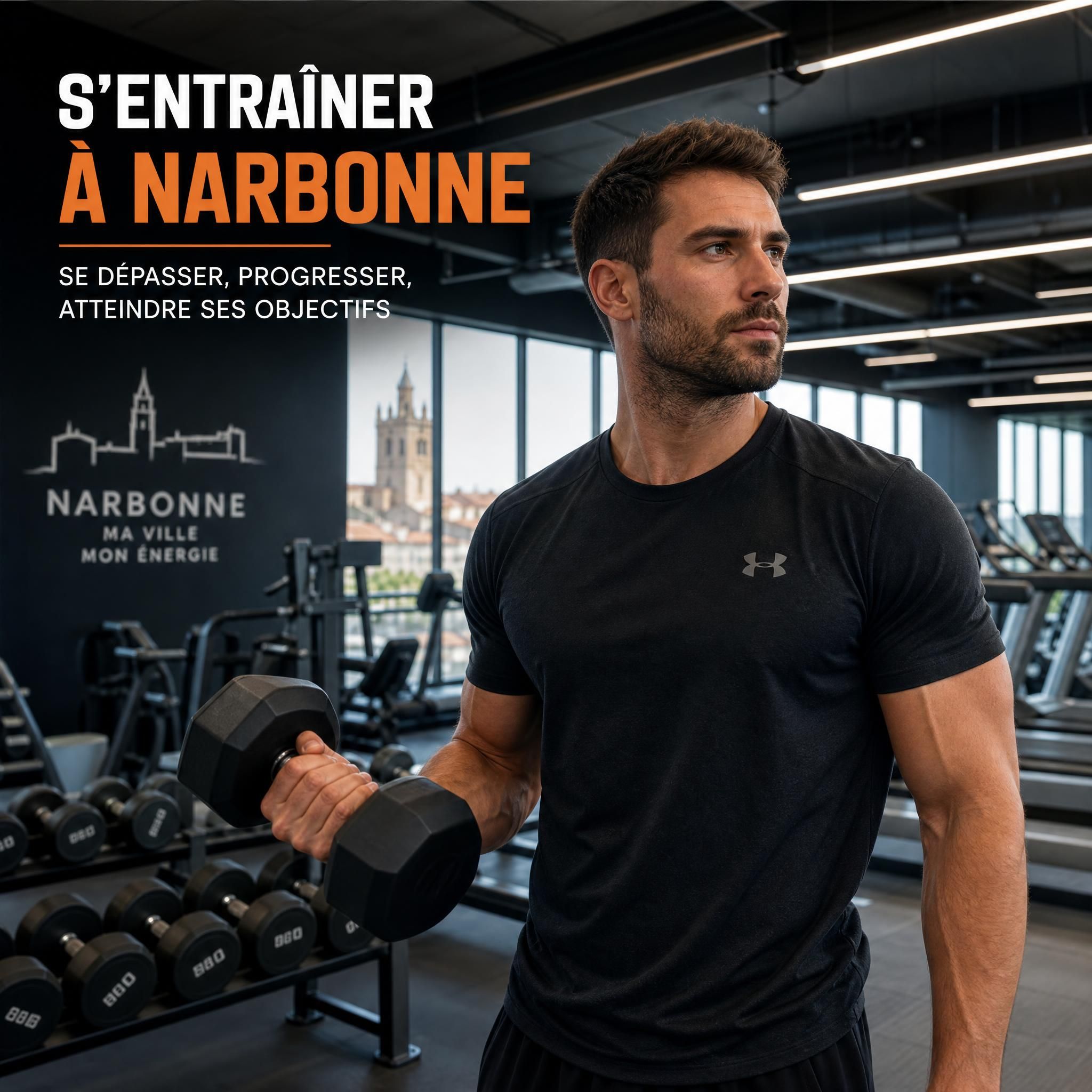 Personne motivée s'entraînant dans une salle de sport moderne à Narbonne, équipements de musculation et cardio en arrière-plan
