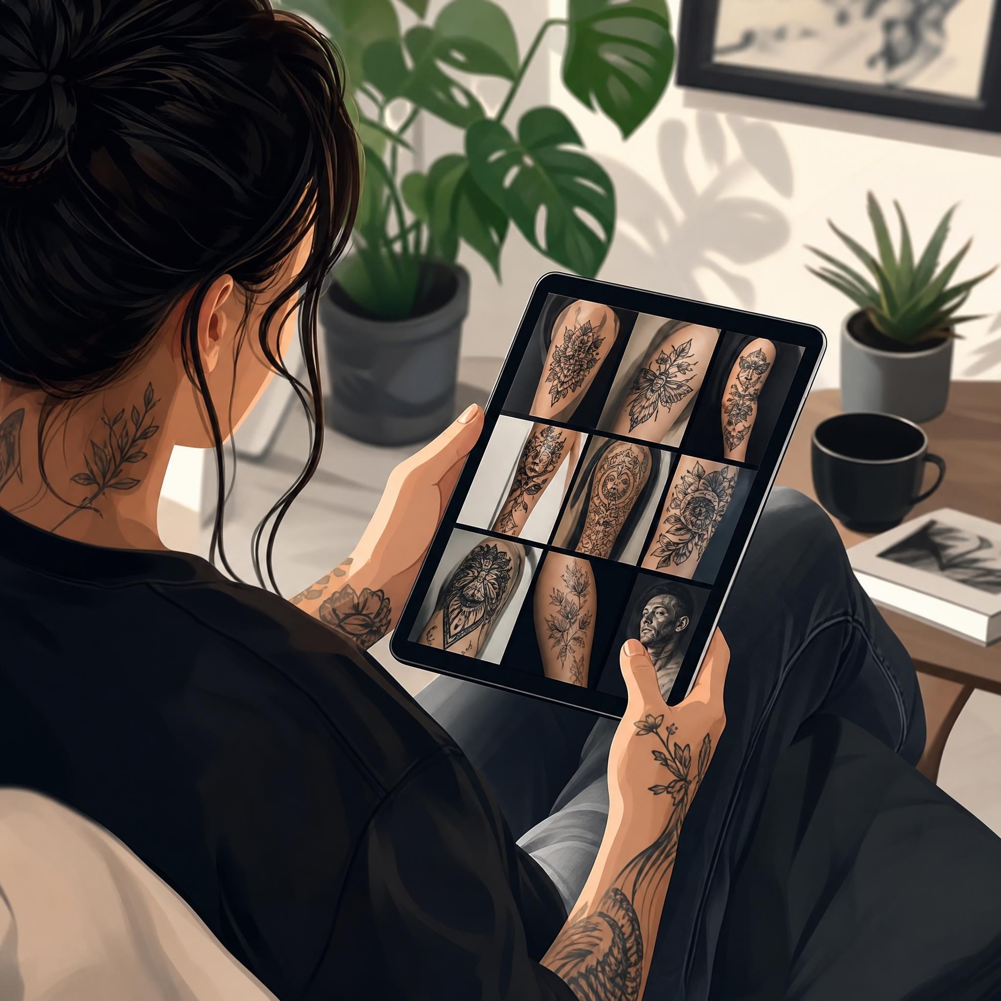 Illustration d'une personne consultant un portfolio de tatouages sur une tablette, style illustratif moderne sans texte