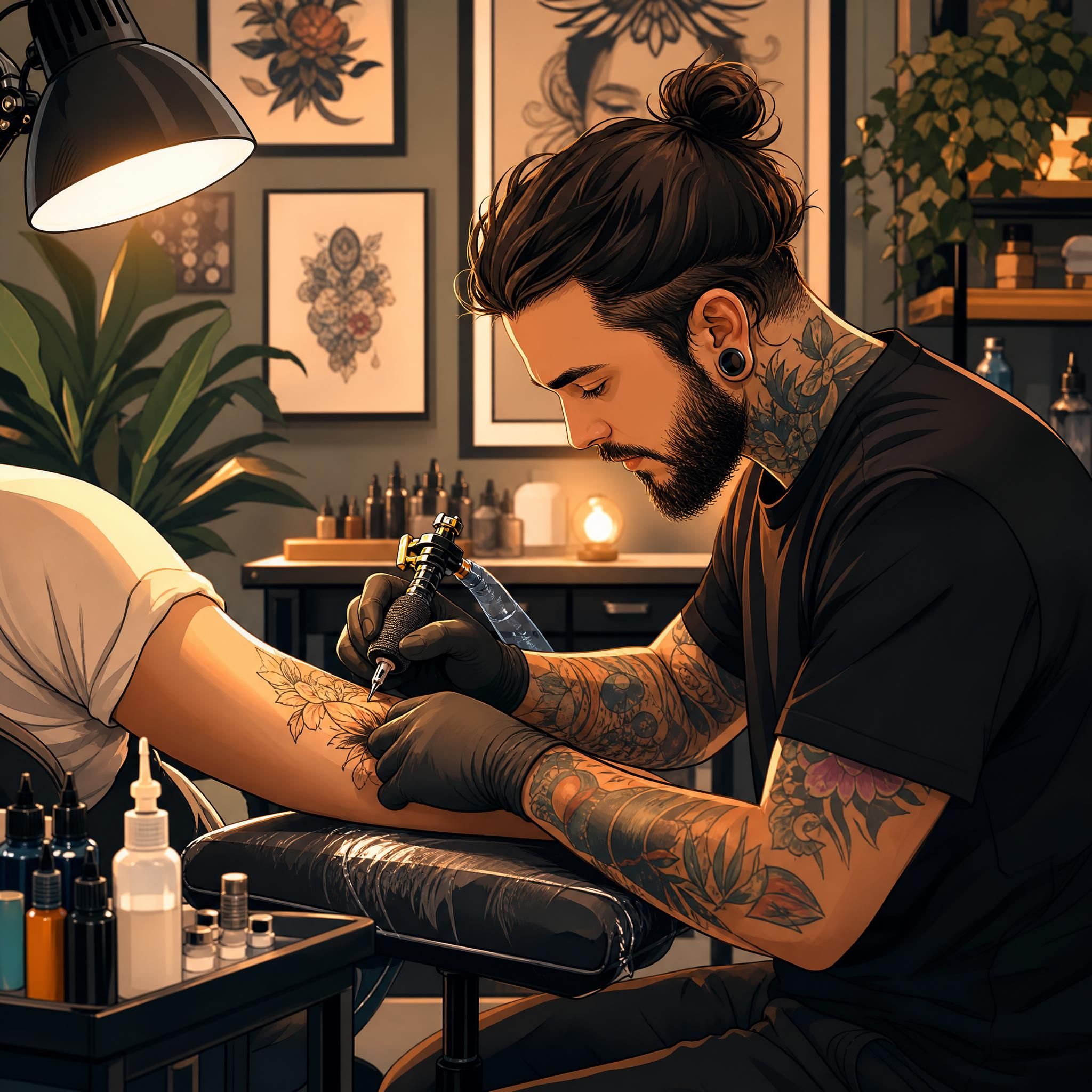 Illustration colorée d'un tatoueur au travail dans son studio, style illustratif sans texte, ambiance chaleureuse et professionnelle