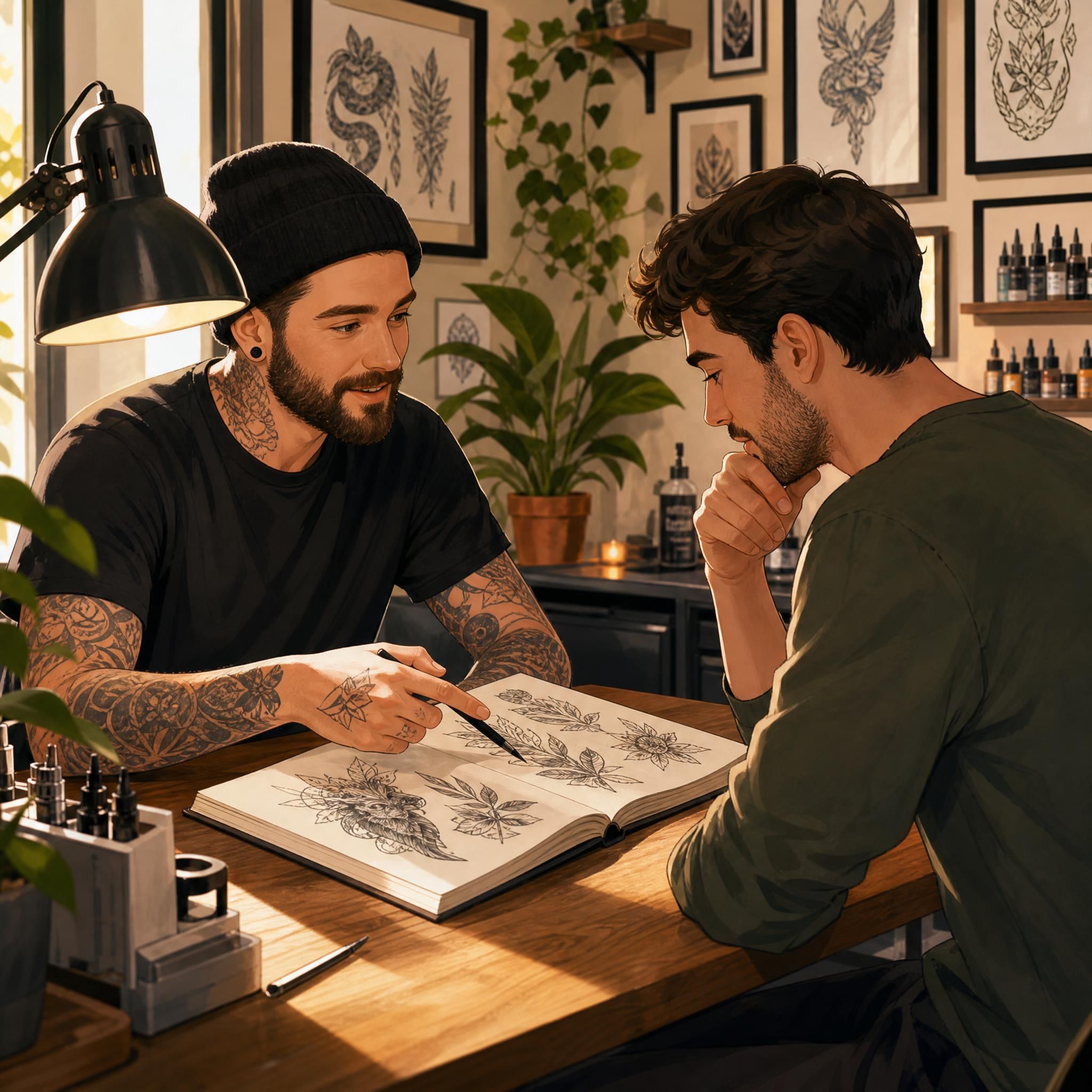 Illustration d'une consultation entre un client et un tatoueur autour d'un carnet de croquis, style illustratif chaleureux sans texte