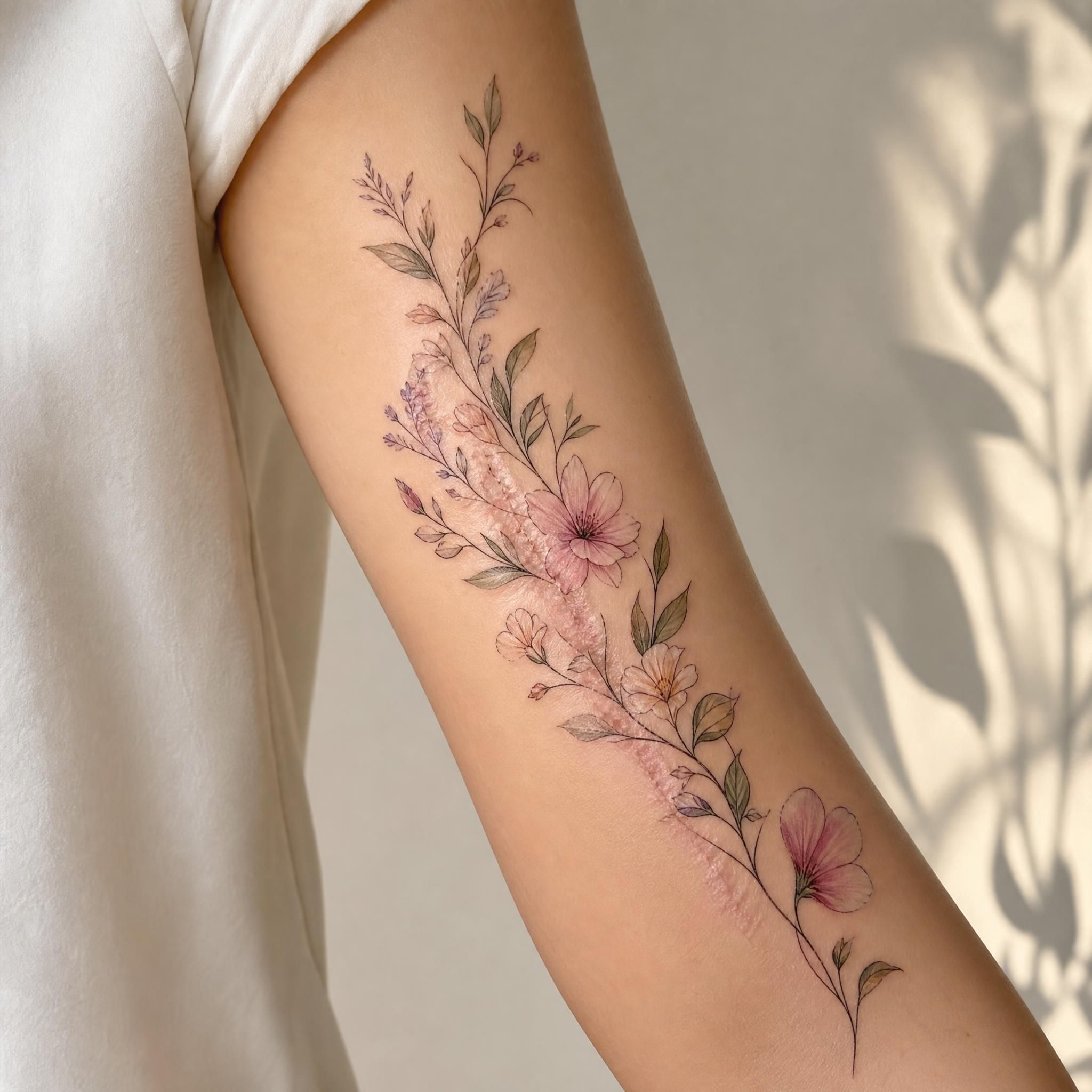 Illustration illustrative d'un bras avec un tatouage floral couvrant une cicatrice, rendu artistique et délicat, sans texte