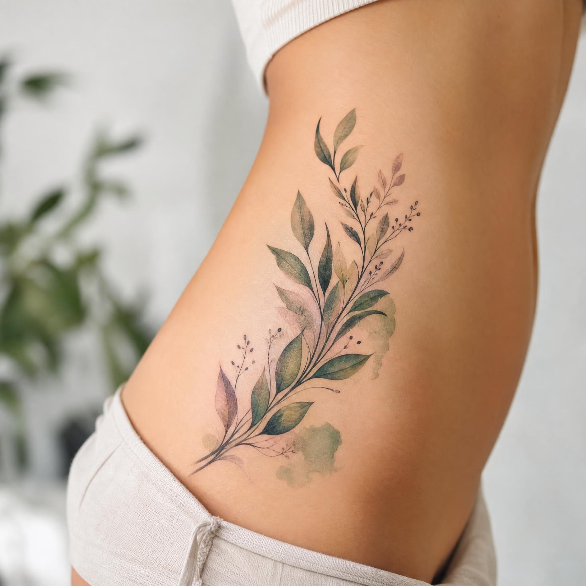 Illustration illustrative d'un tatouage botanique élégant sur une hanche, feuilles et branches stylisées, style aquarelle sans texte