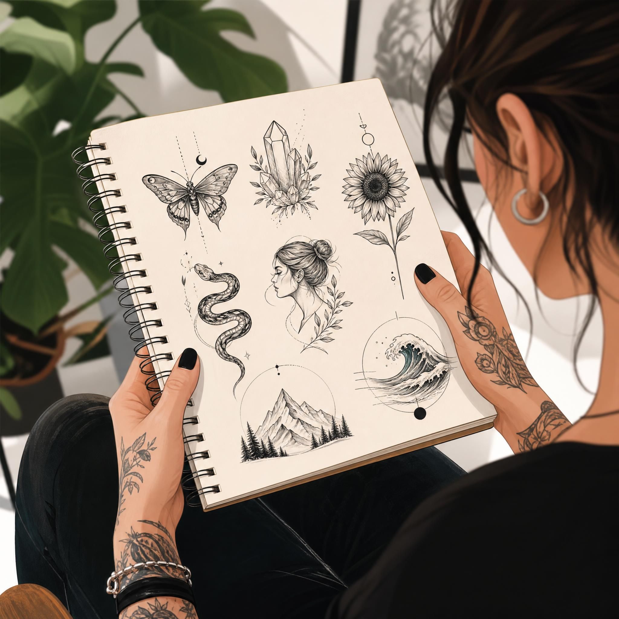 Illustration d'une personne tenant un carnet de croquis avec des idées de tatouages, style illustratif moderne sans texte