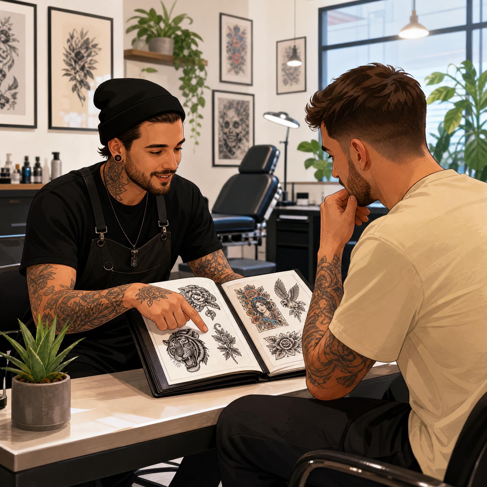 Illustration illustrative montrant un tatoueur présentant son portfolio à un client dans un salon lumineux et propre, style illustration moderne, sans texte