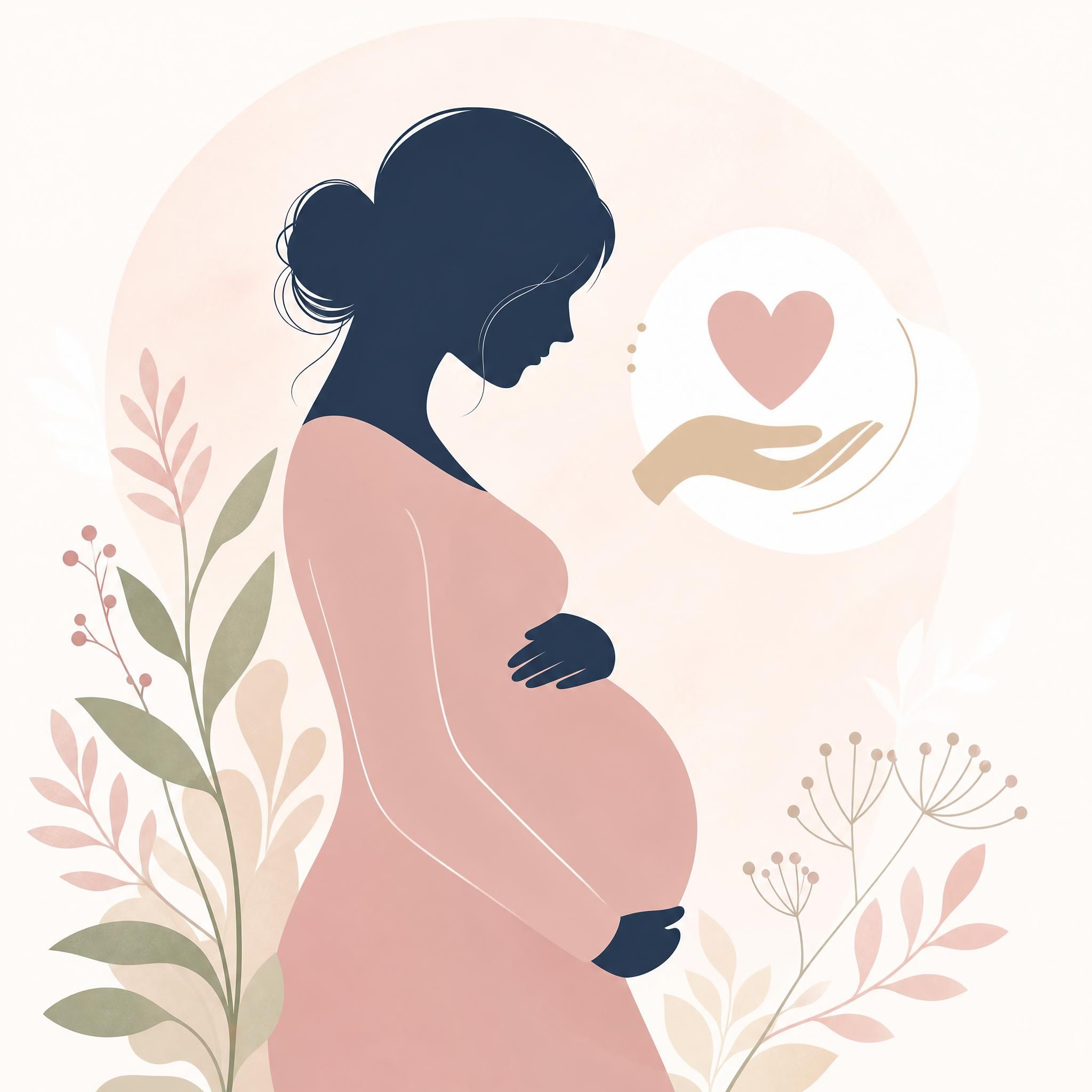 Illustration d'une femme enceinte en silhouette avec un symbole d'attention doux et bienveillant, style illustratif pastel