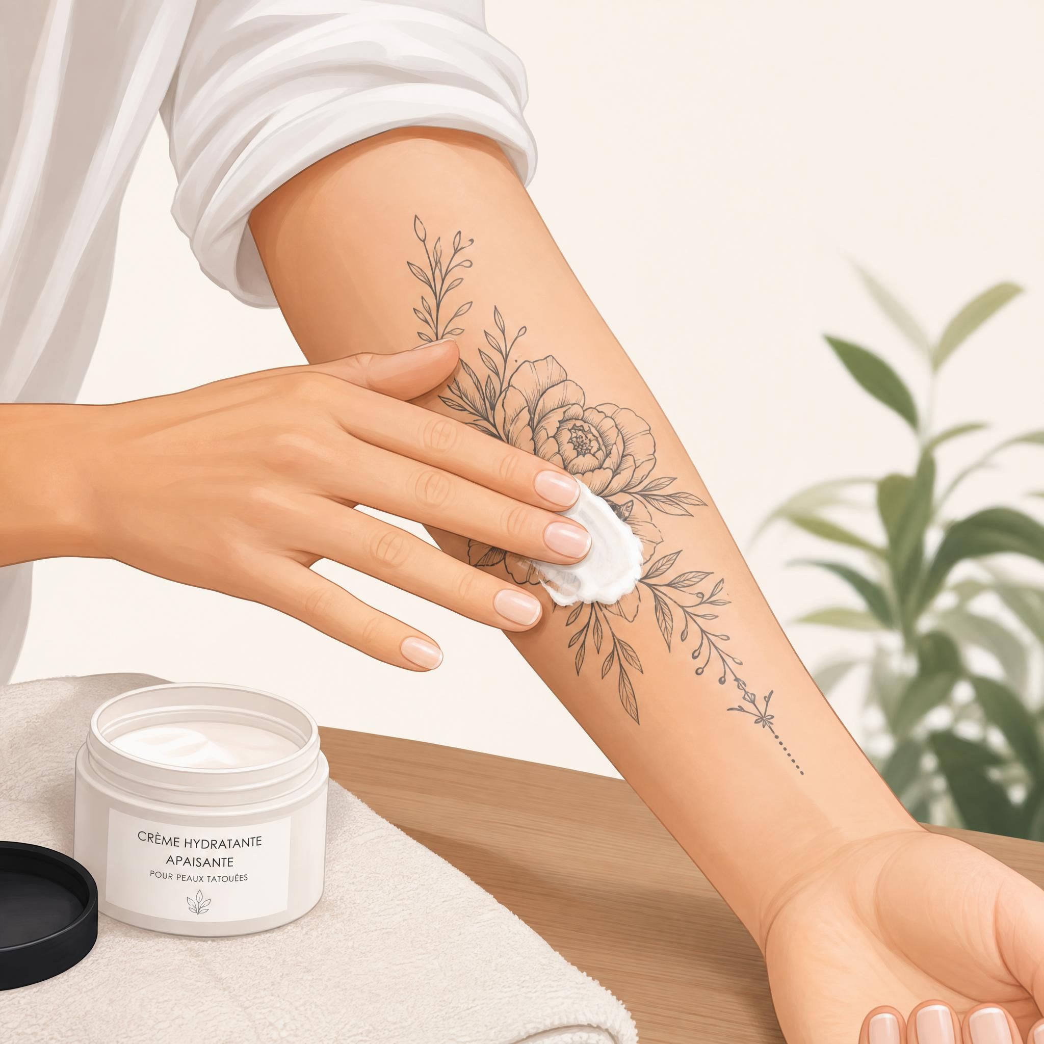 Illustration d'une main appliquant une crème sur un tatouage sur l'avant-bras, style illustratif doux et soigné