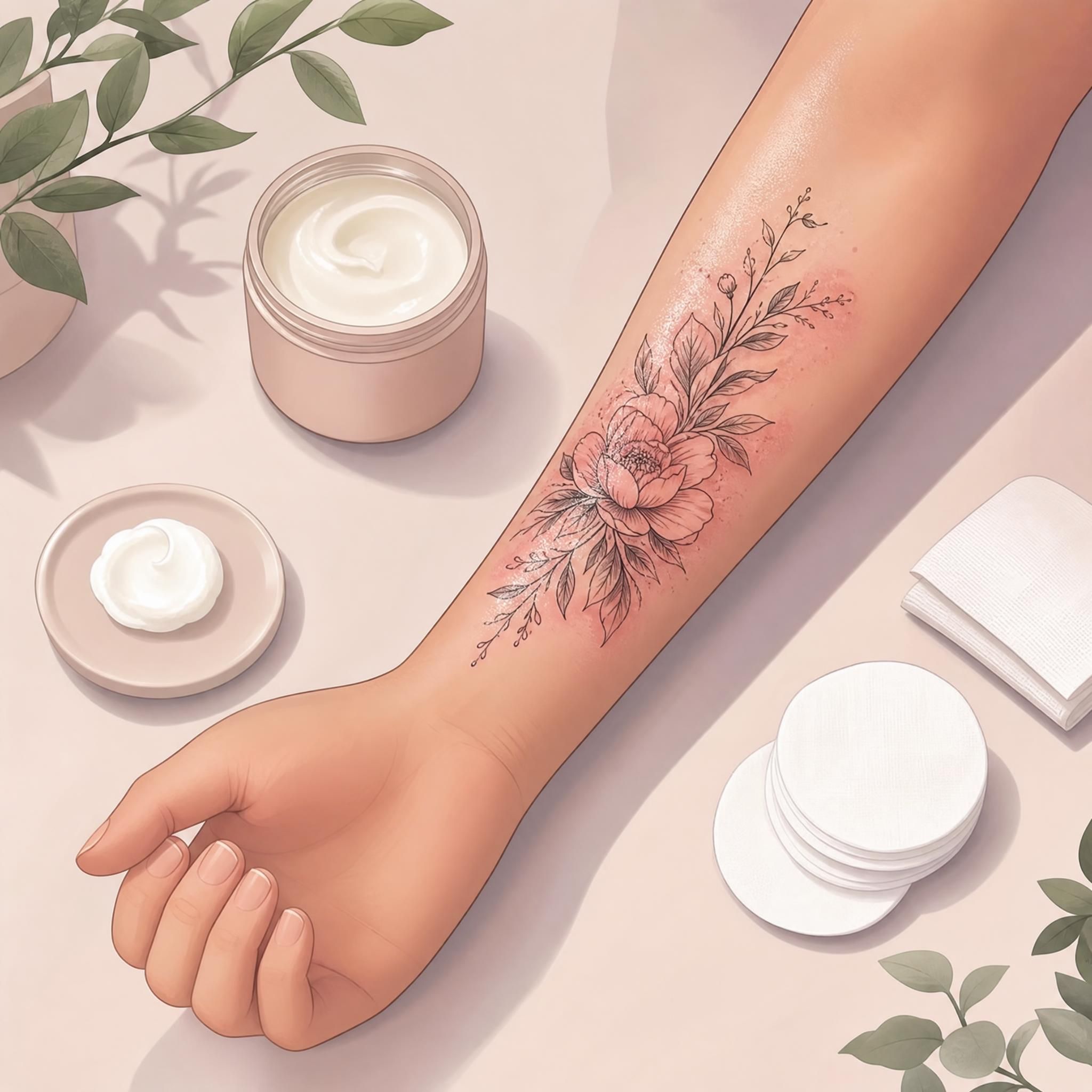 Illustration illustrative montrant un bras avec un tatouage frais et des produits de soin (crème, compresses) disposés autour, style illustration pastel doux, sans texte