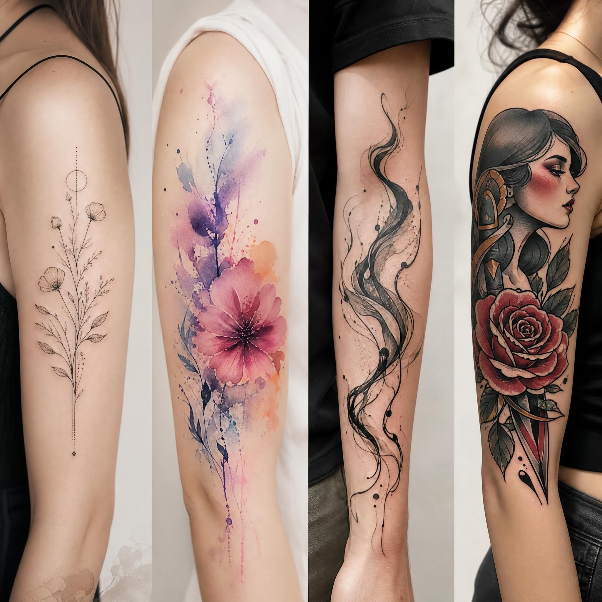 Illustration montrant différents styles de tatouages côte à côte - fine line, aquarelle, fluid tattoo et néo-traditionnel, style illustratif sans texte