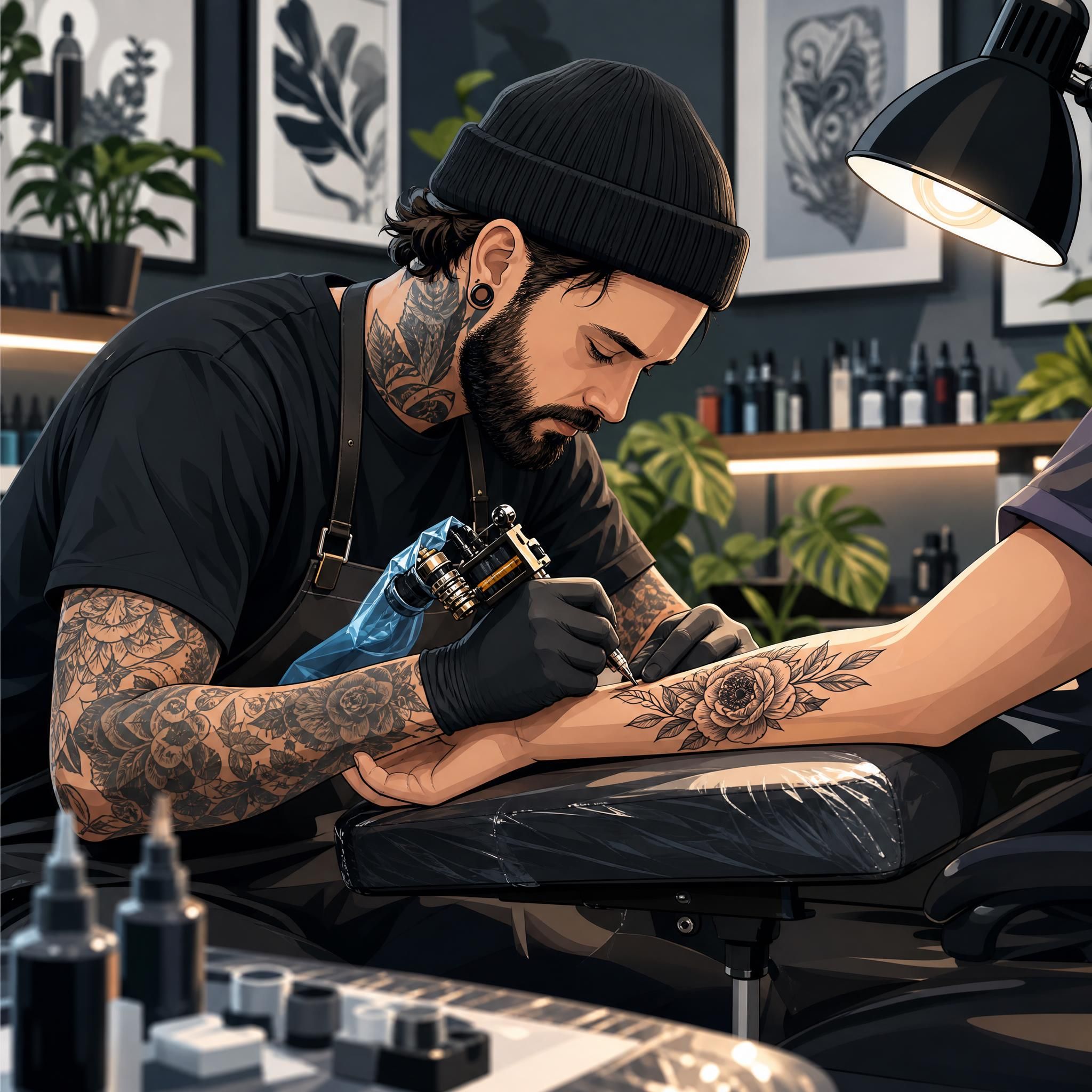 Illustration d'un tatoueur au travail dans un studio moderne et propre, style illustratif artistique sans texte