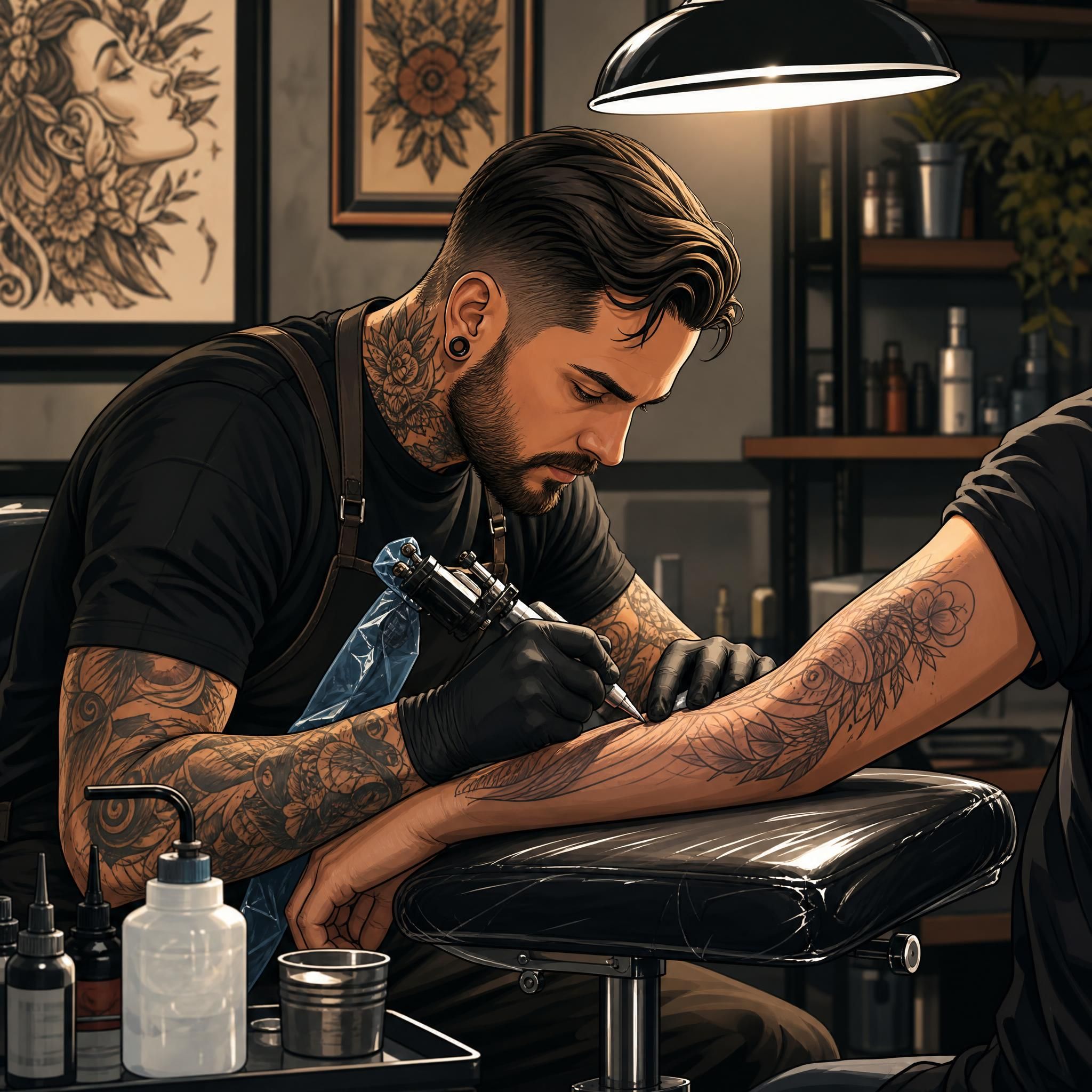 Illustration illustrative représentant un tatoueur en train de travailler sur un bras, dans un style artistique moderne, ambiance salon de tatouage, sans texte