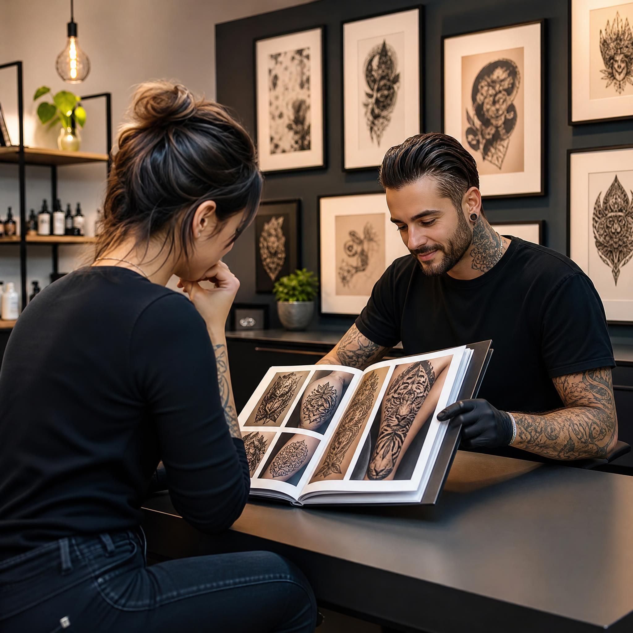Illustration illustrative d'une personne consultant un portfolio de tatouages dans un studio élégant et propre, avec des œuvres encadrées au mur, atmosphère chaleureuse et professionnelle, sans texte