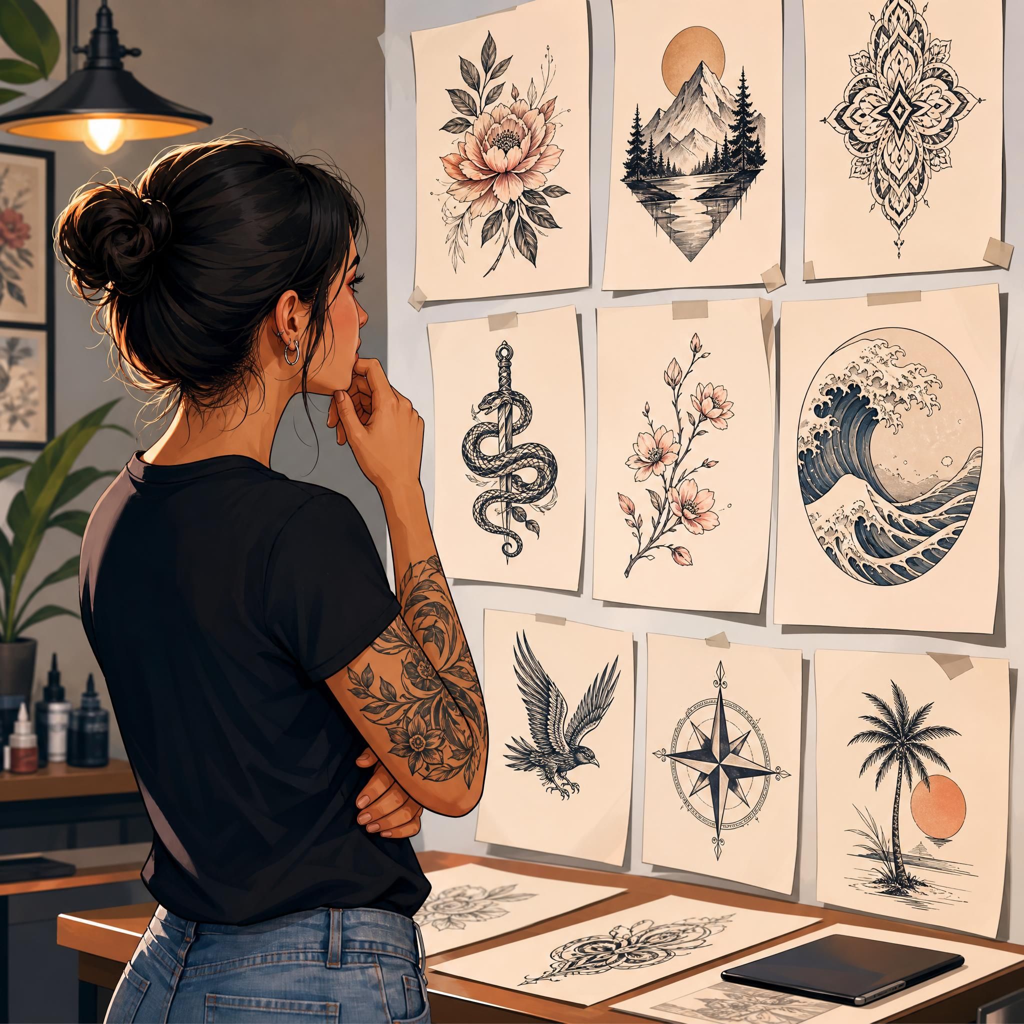 Illustration illustrative d'une personne réfléchissant devant plusieurs designs de tatouage, style coloré sans texte