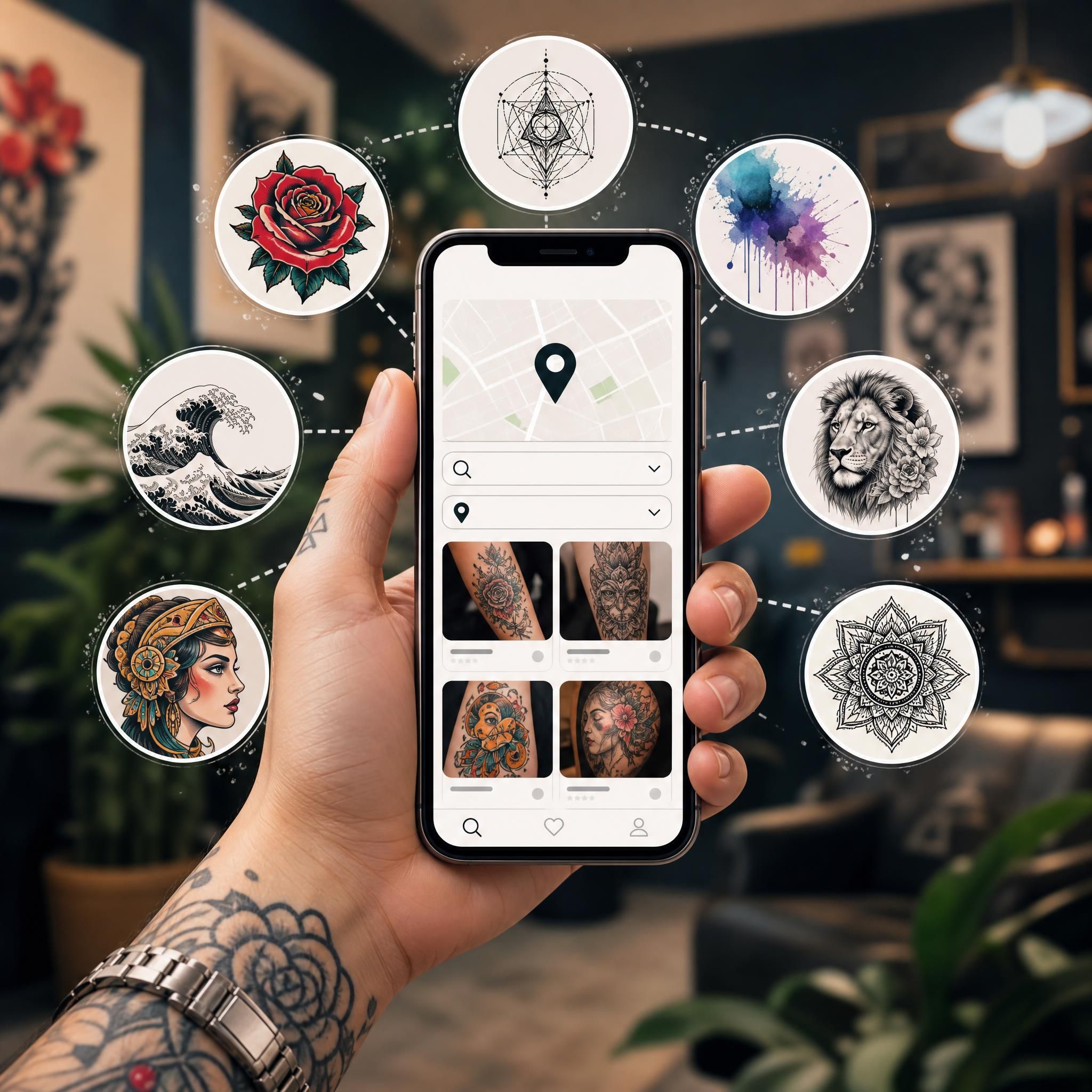 Illustration dynamique et inspirante montrant une main tenant un smartphone avec une interface de recherche de tatoueurs par style et par ville, entourée d'icônes de styles de tatouage variés, ambiance moderne et positive sans texte