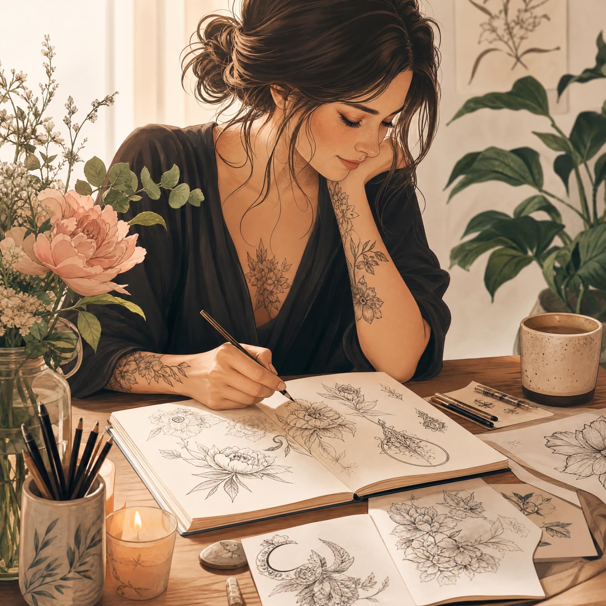 Illustration douce et apaisante d'une femme entourée d'un carnet de croquis de tatouages et de fleurs, représentant la phase de préparation et d'inspiration avant un tatouage, style illustratif chaleureux sans texte