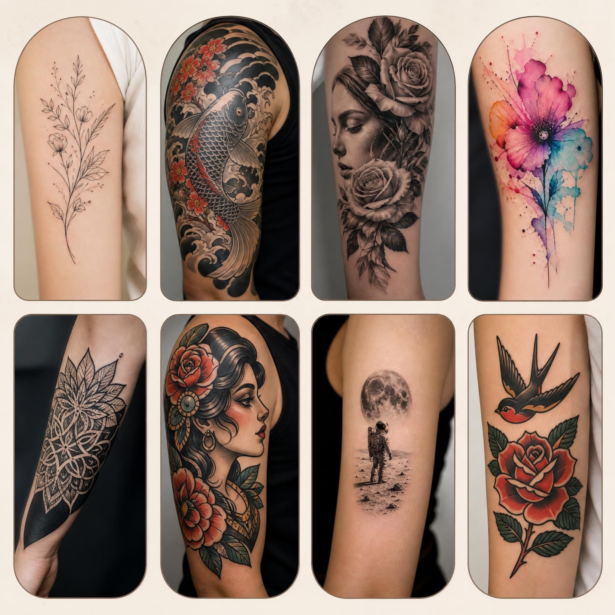 Illustration illustrative et inspirante montrant huit vignettes représentant chacune un style de tatouage différent – fineline, japonais, réaliste, aquarelle, blackwork, néo-trad, micro-réalisme, traditionnel – style graphique moderne sans texte