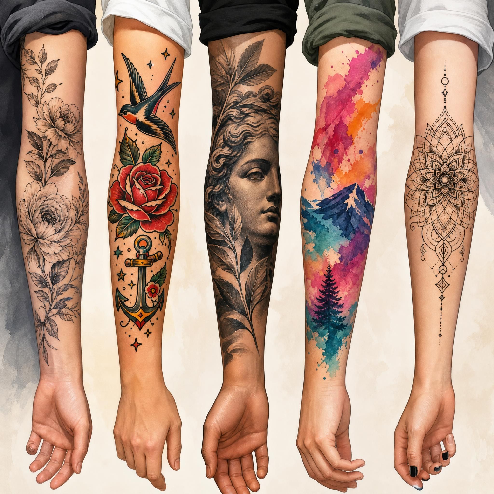 Illustration montrant plusieurs styles de tatouage différents côte à côte sur des bras, style illustratif coloré et moderne sans texte
