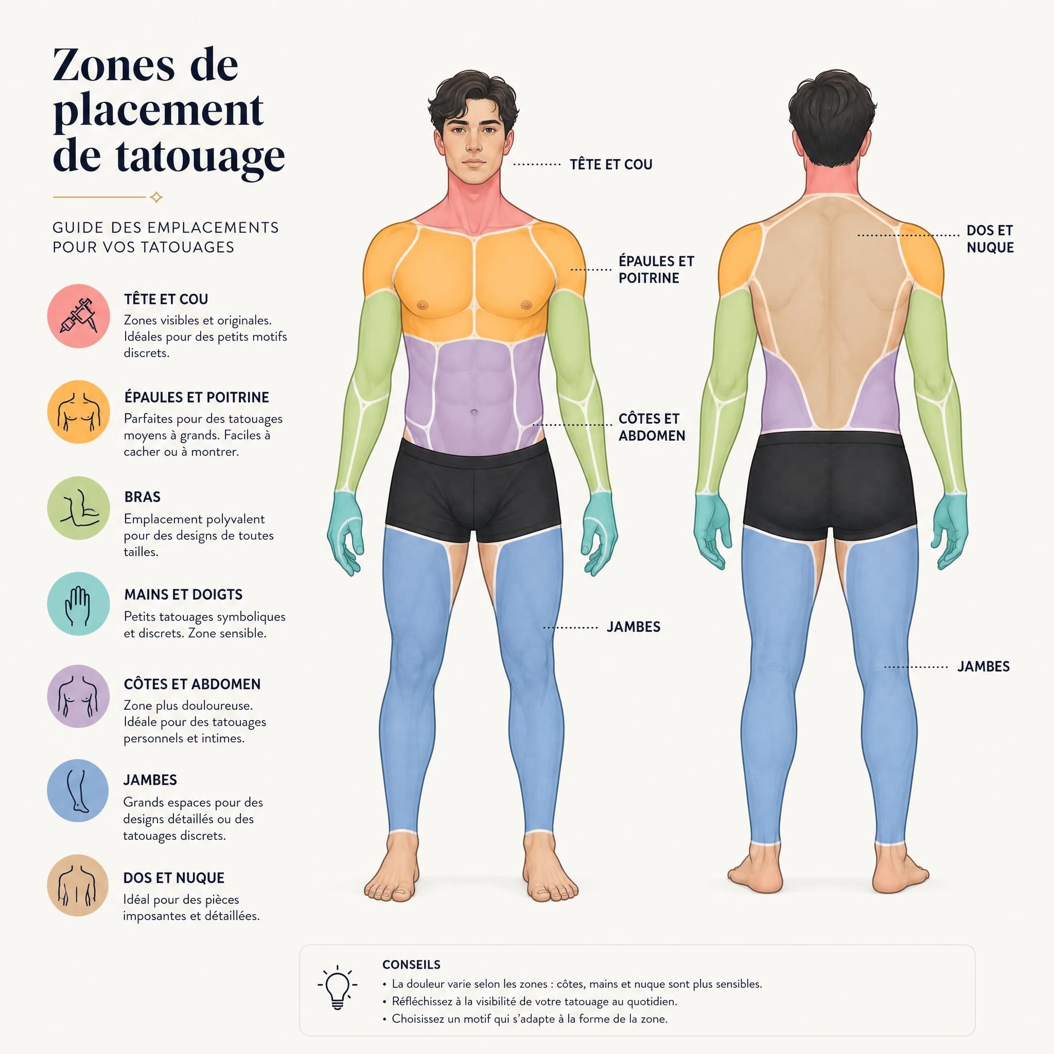Illustration d'un corps humain avec différentes zones de placement de tatouage indiquées, style schématique illustratif
