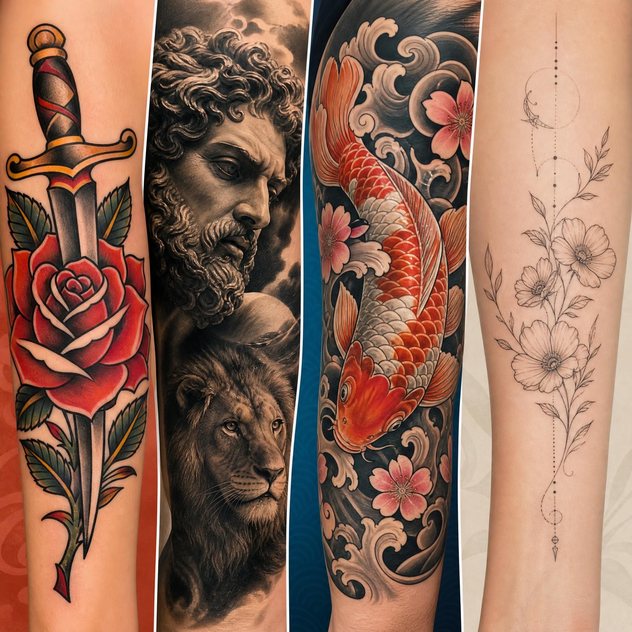 Illustration colorée et décontractée montrant une mosaïque de différents styles de tatouage – traditionnel américain, réaliste, japonais, fineline – disposés côte à côte pour comparaison visuelle, sans texte