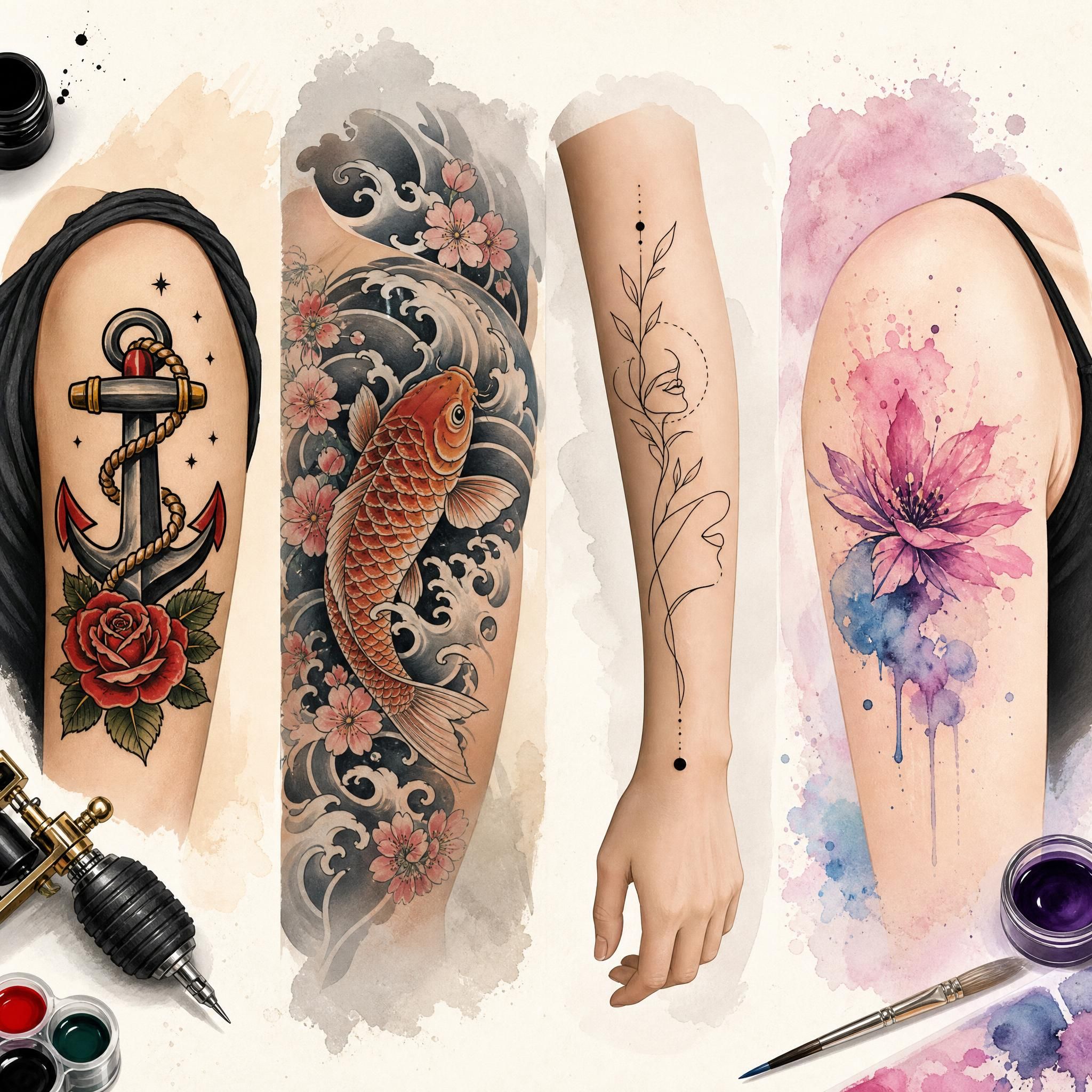 Illustration colorée et illustrative montrant différents styles de tatouage disposés comme un tableau artistique — old school, japonais, minimaliste, aquarelle — sans texte