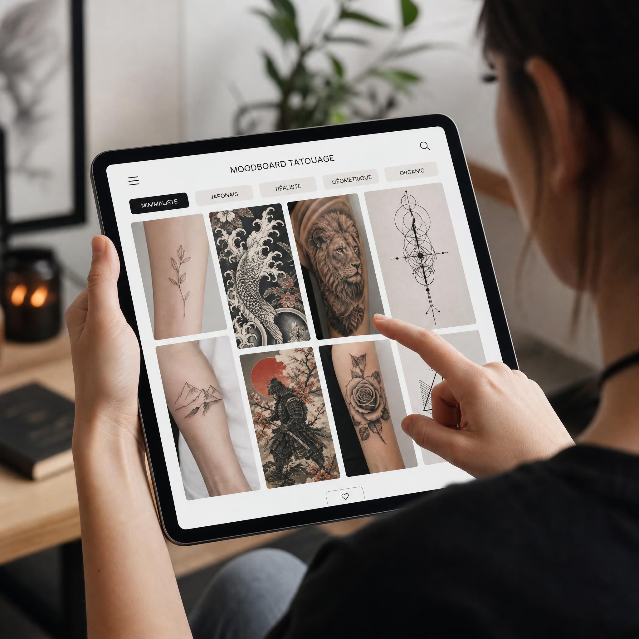 Illustration d'une personne parcourant un moodboard numérique rempli de différents styles de tatouages — minimaliste, japonais, réaliste, géométrique — sur une tablette
