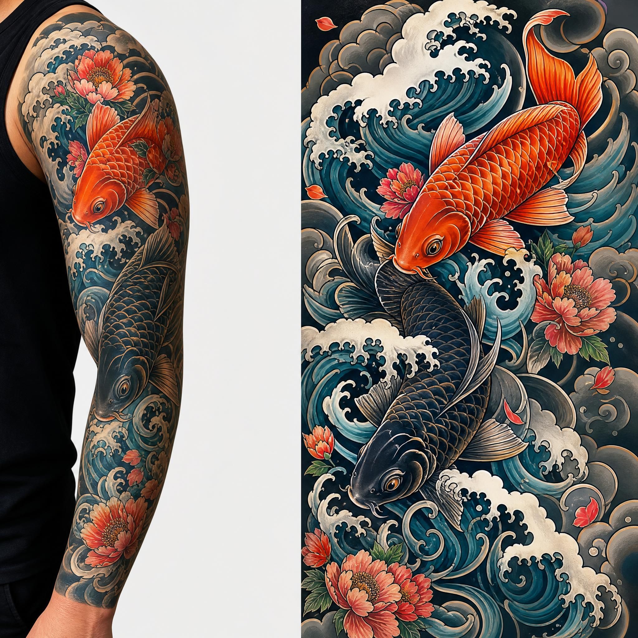 Illustration illustrative d'une sleeve japonaise avec carpes koï et vagues traditionnelles, style Irezumi coloré et détaillé, sans texte