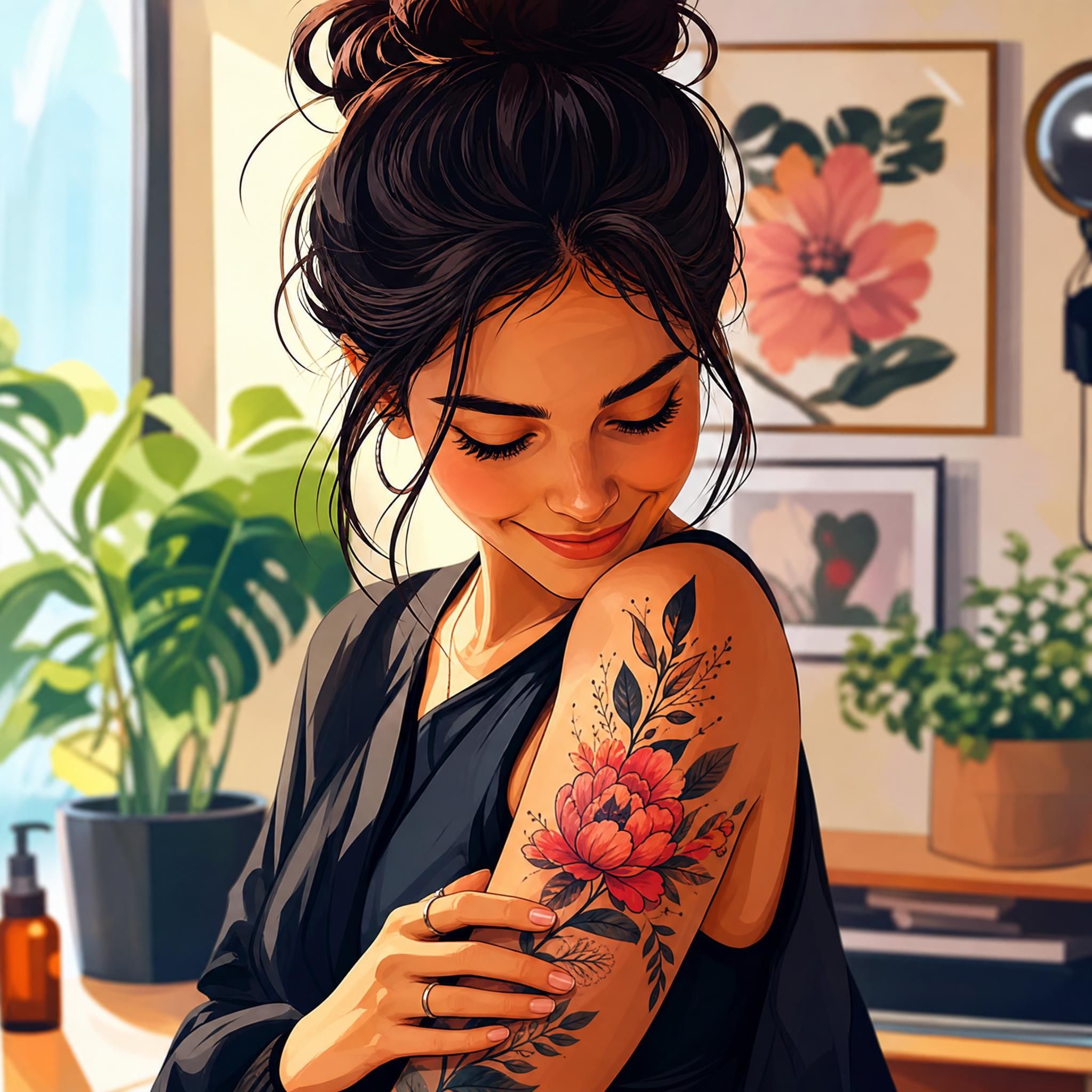 Illustration illustrative d'une personne regardant son nouveau tatouage avec fierté et émotion, style artistique coloré sans texte