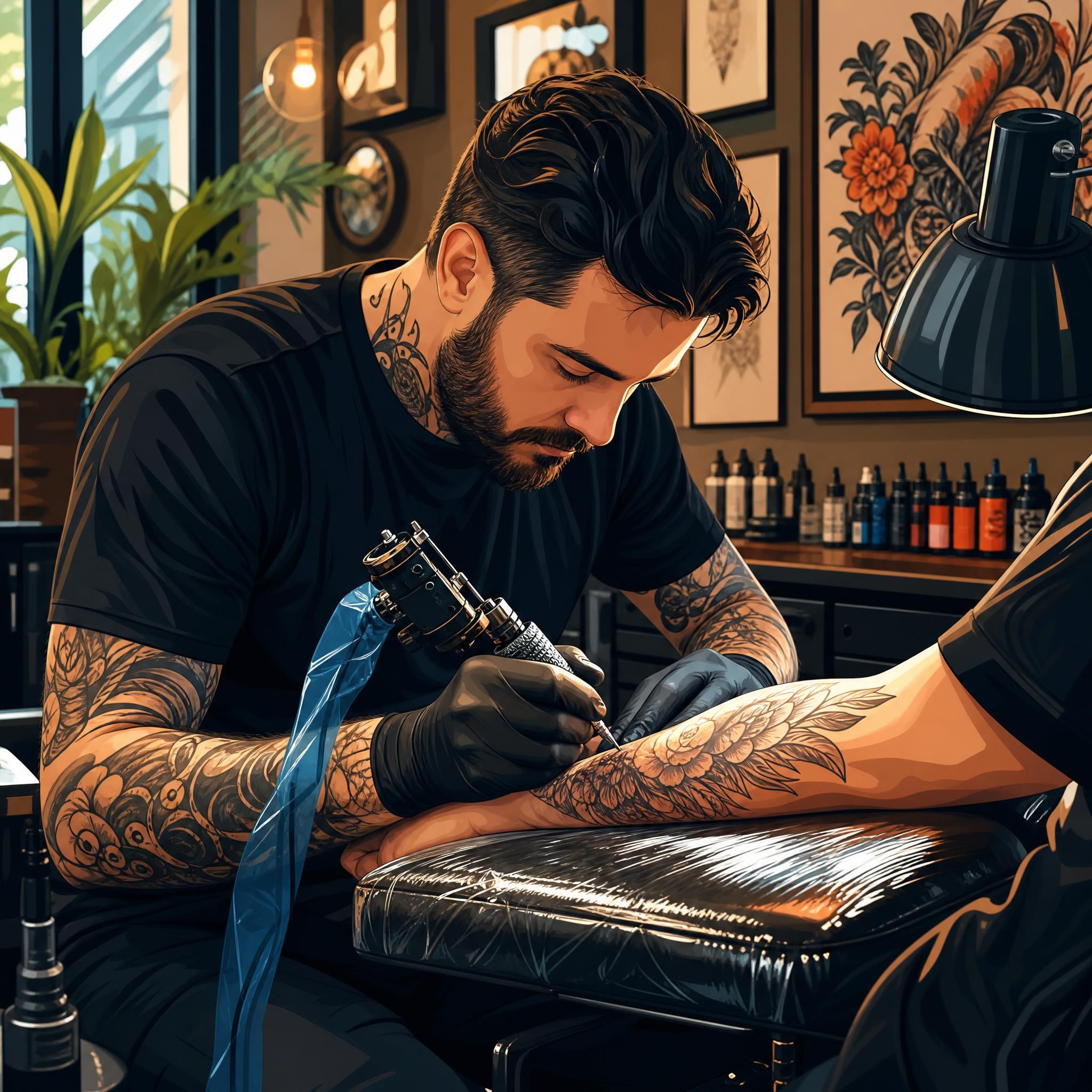 Illustration artistique d'un tatoueur professionnel au travail dans un studio moderne, style illustratif coloré sans texte