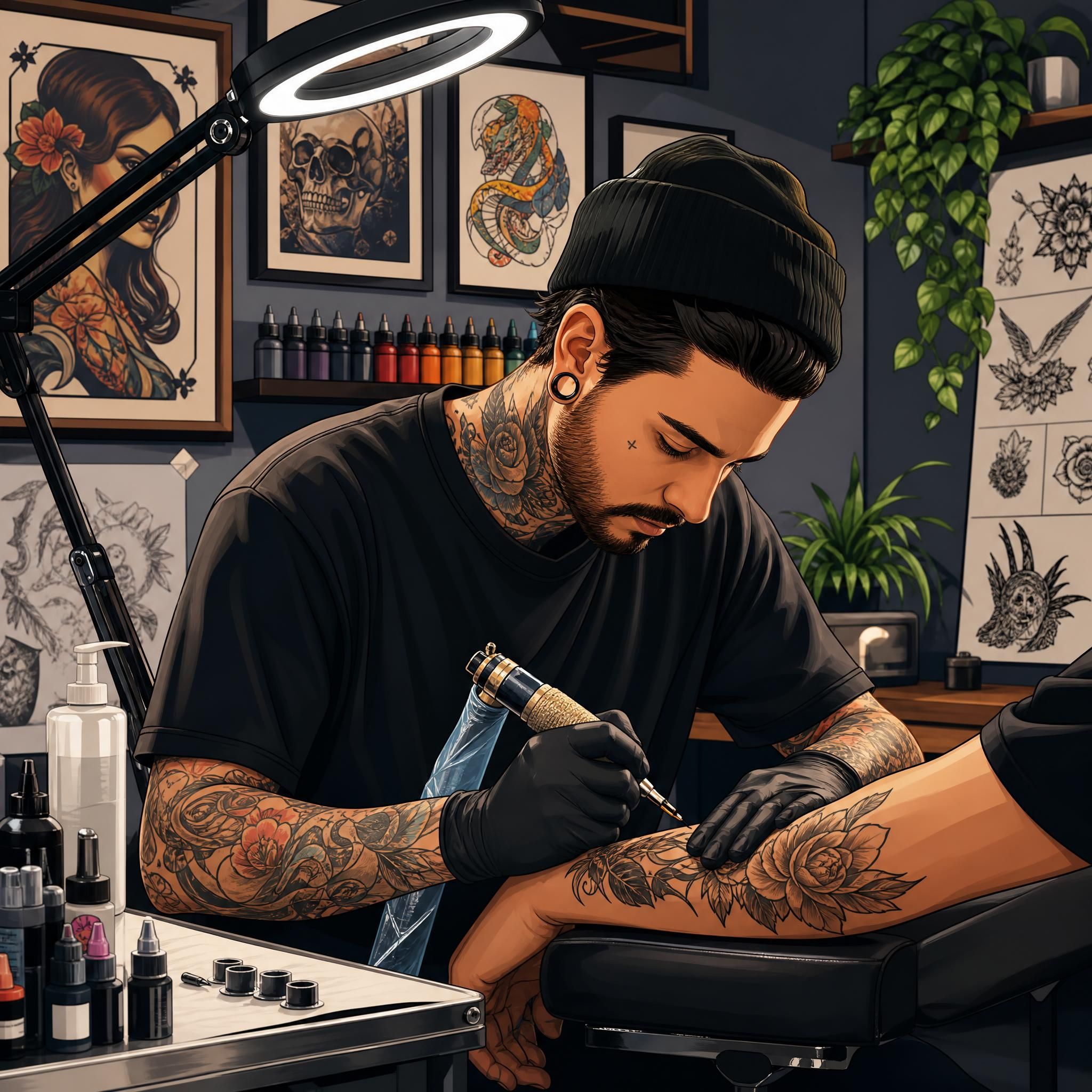 Illustration illustrative d'un artiste tatoueur au travail dans un studio moderne, entouré de références artistiques et d'équipements professionnels, style graphique coloré sans texte