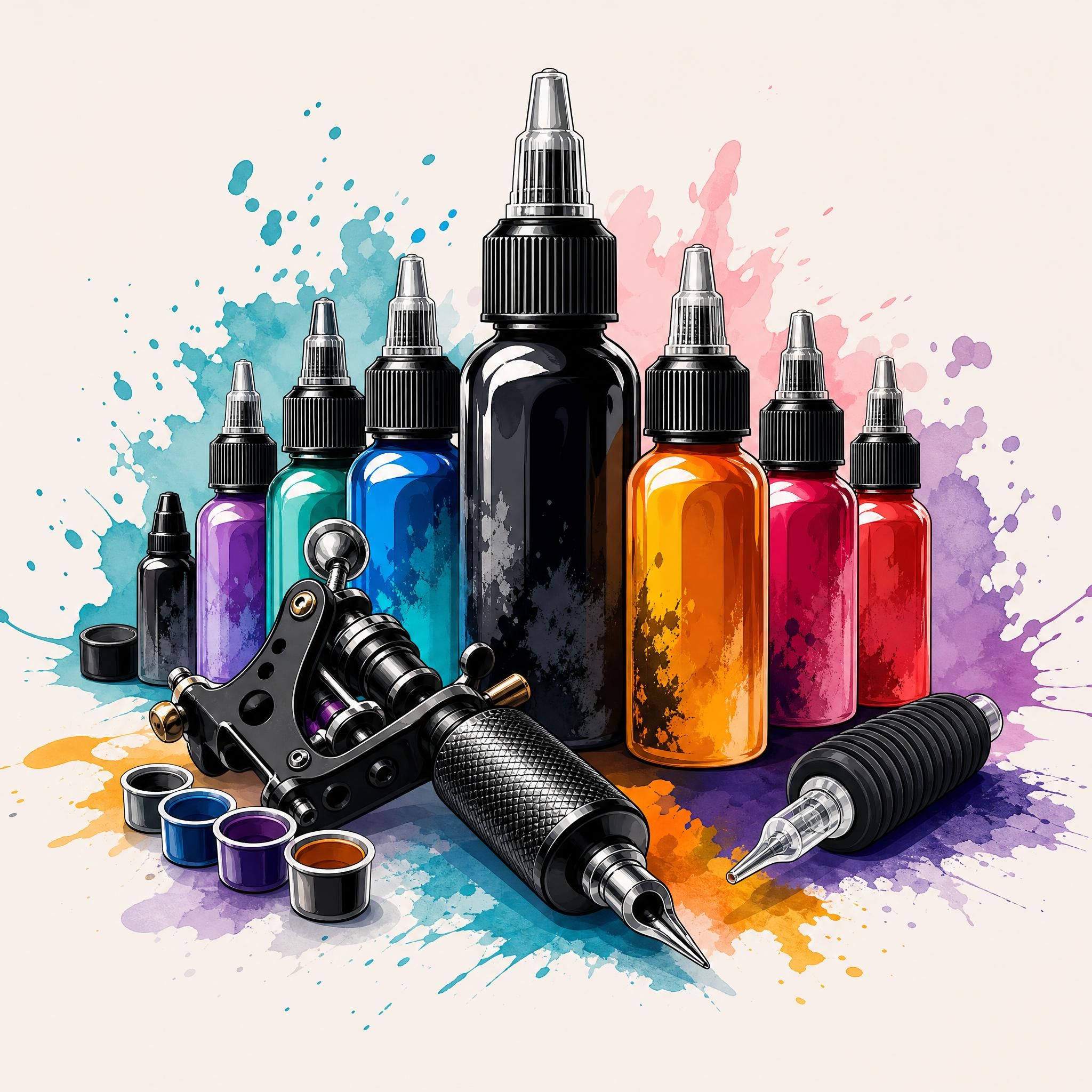 Illustration graphique représentant des flacons d'encre de tatouage et des outils de tatouage, style illustratif coloré sans texte