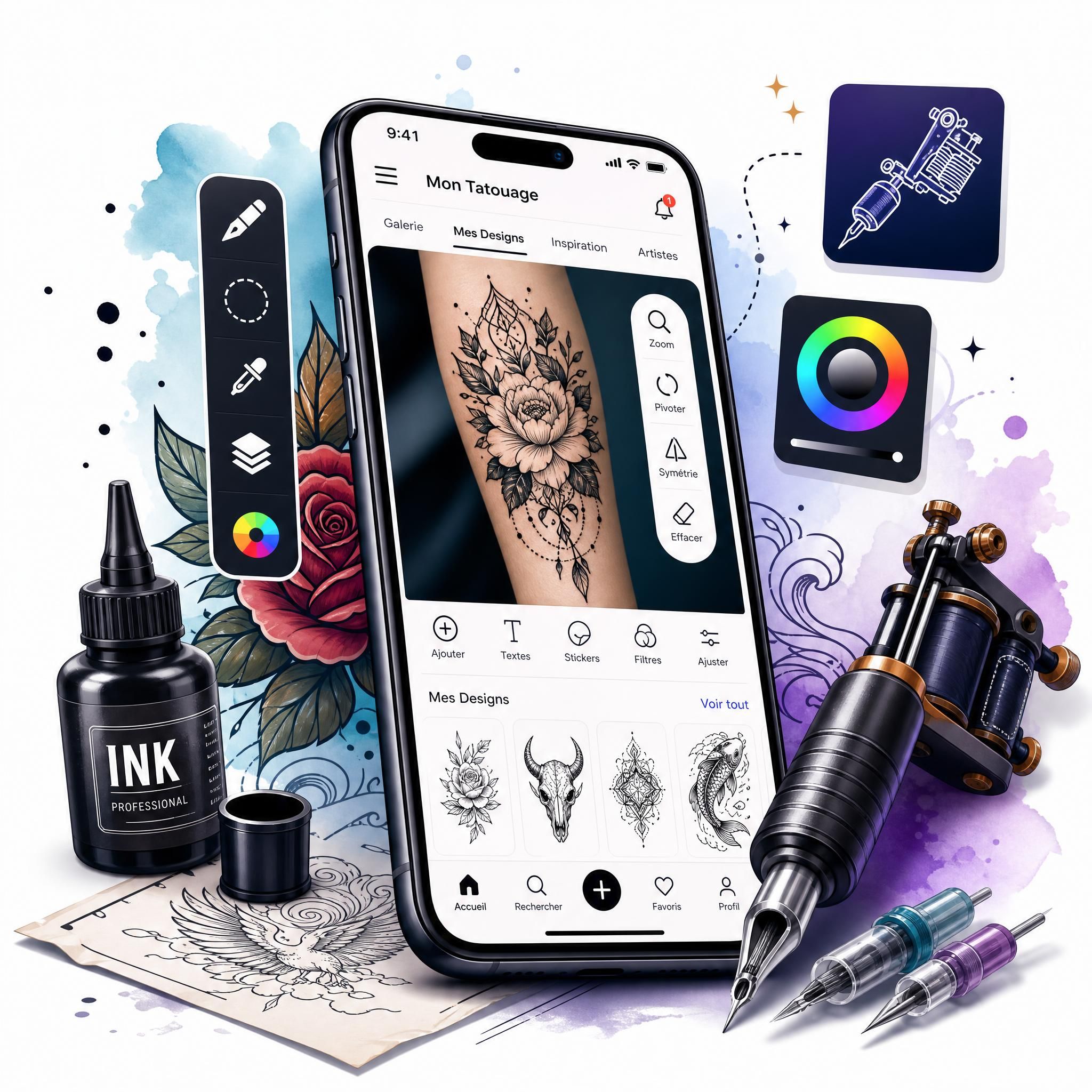 Illustration colorée montrant un smartphone avec une application de tatouage, entouré d'icônes d'outils numériques et d'éléments de tatouage comme des ai
![Illustration colorée montrant un smartphone avec une application de tatouage, entouré d'icônes d'outils numériques et d'éléments de tatouage comme des aiguilles stylisées et des motifs