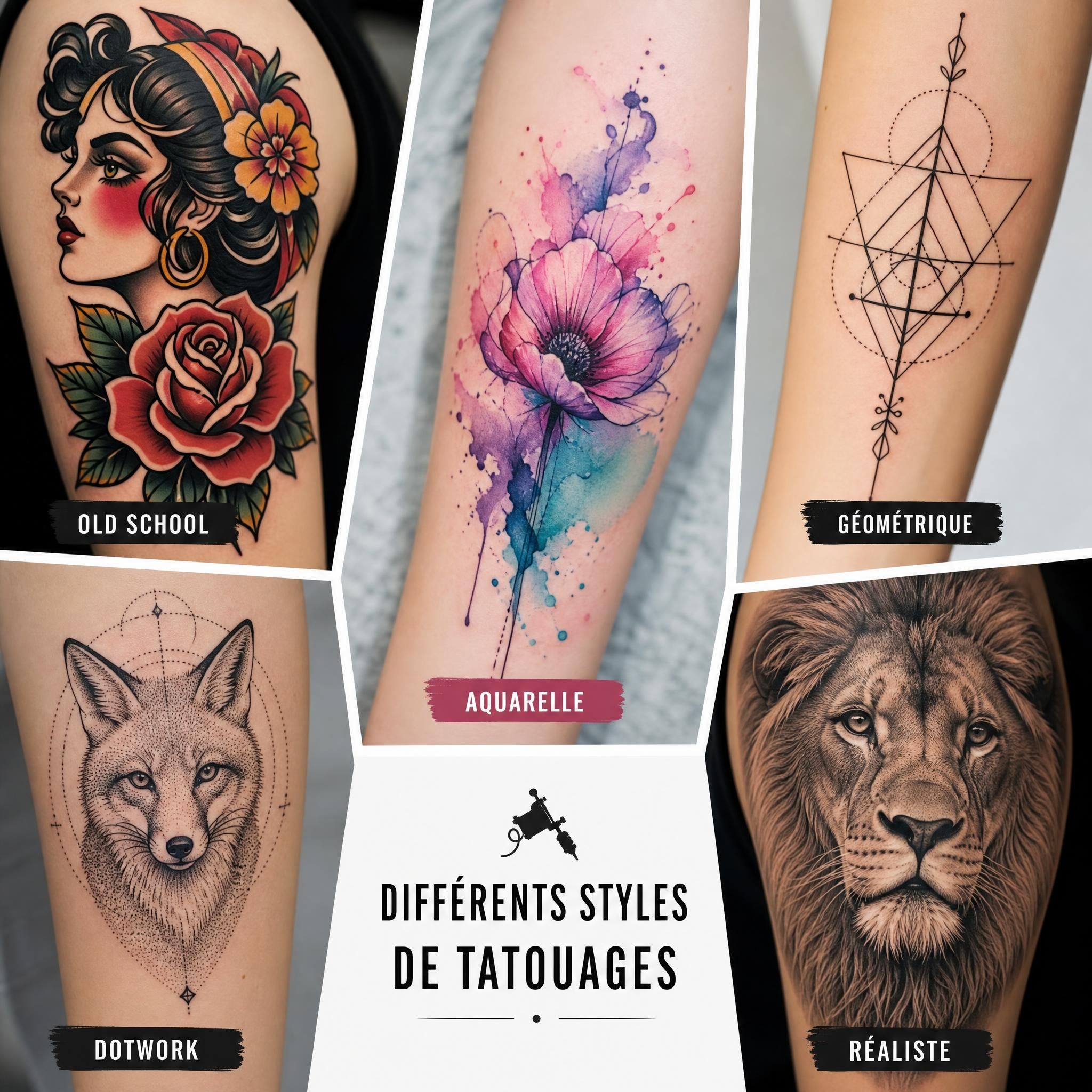 Illustration représentant une mosaïque de différents styles de tatouages — old school, géométrique, aquarelle, dotwork, réaliste — présentés comme des vignettes artistiques colorées