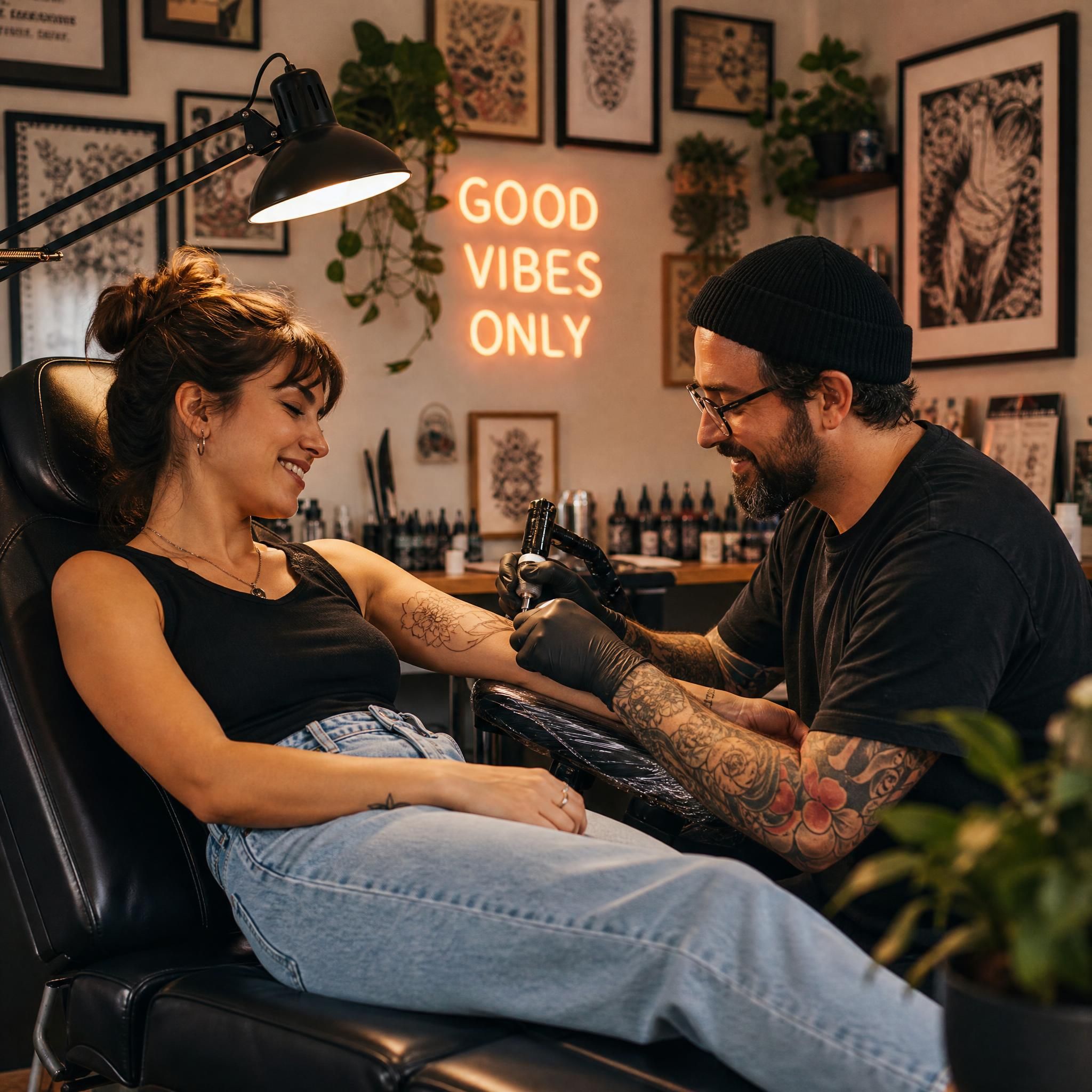 Illustration chaleureuse montrant une personne détendue dans un salon de tatouage, entourée d'un tatoueur professionnel au travail, dans une ambiance artistique et bienveillante