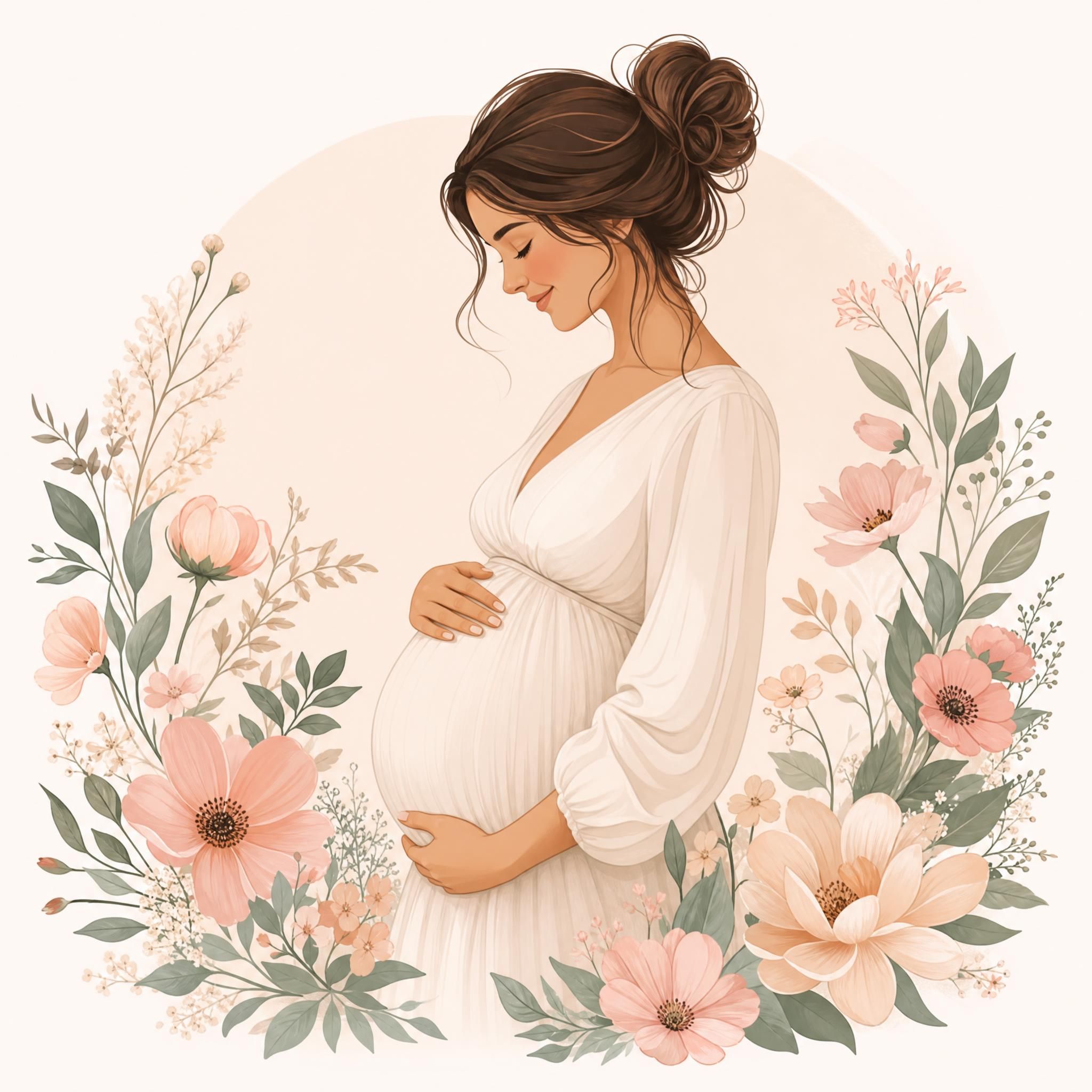 Illustration douce et bienveillante représentant une femme enceinte entourée de motifs floraux délicats, style illustratif sans texte