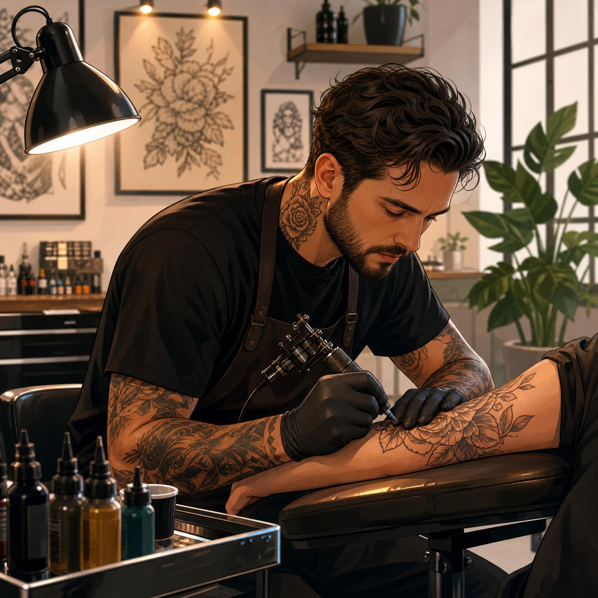 Illustration d'un tatoueur professionnel en train de travailler dans un studio propre et moderne, style illustratif chaleureux sans texte