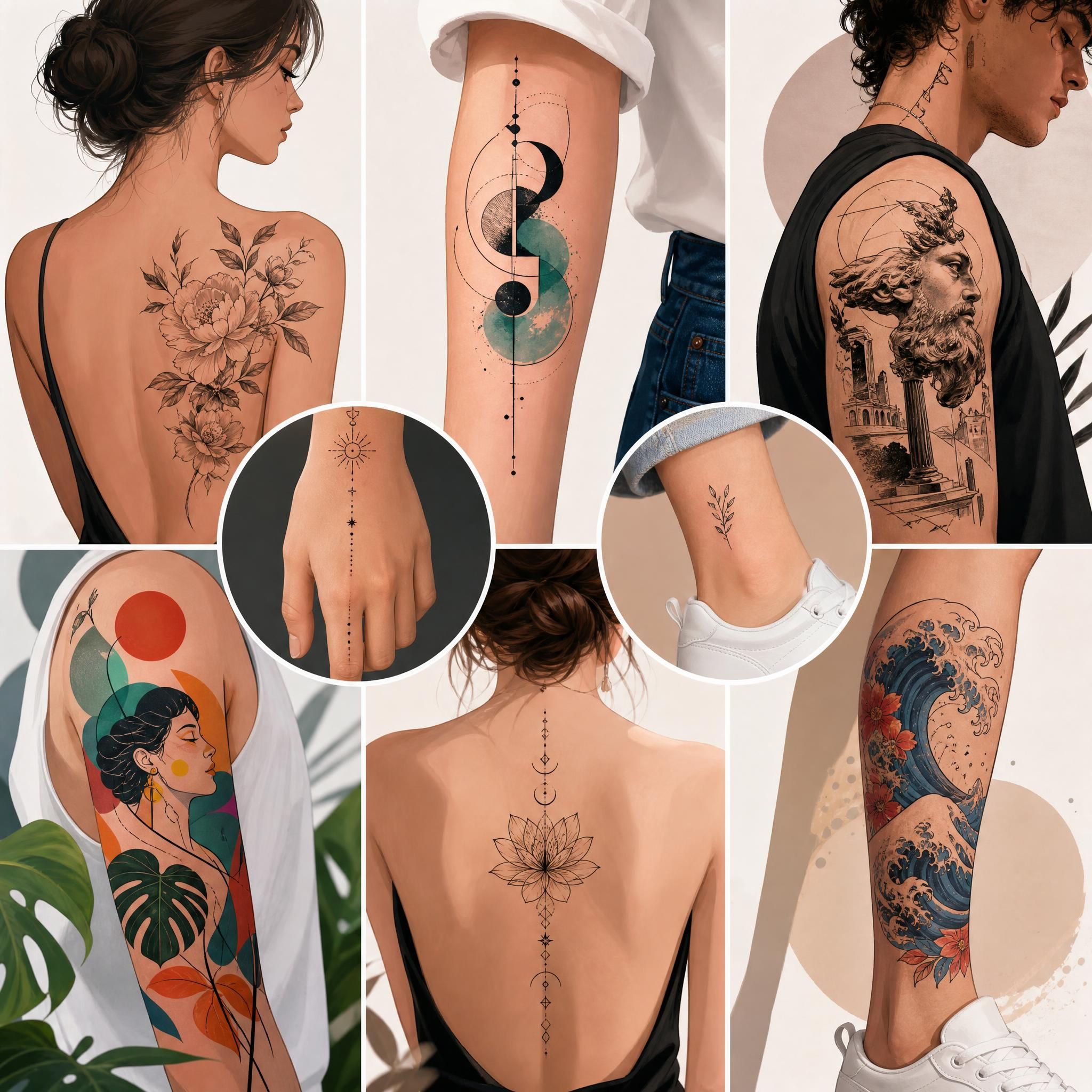Illustration colorée et moderne de différents styles de tatouages tendance en 2026, sans texte, style illustratif artistique