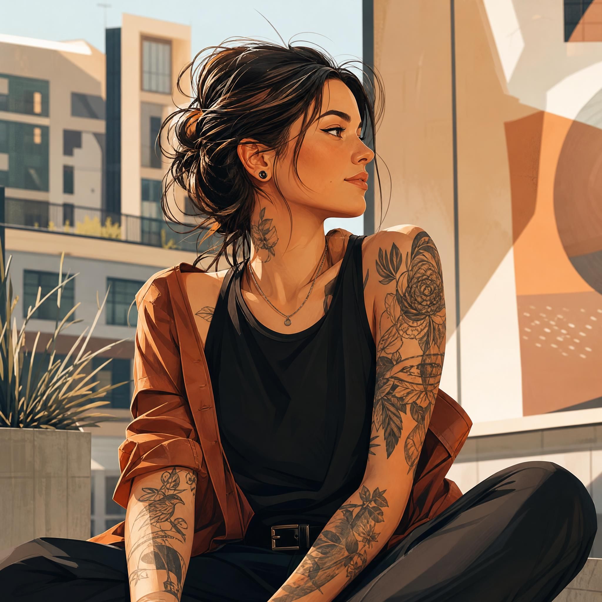 Illustration illustrative d'une personne tatouée dans un environnement urbain moderne, style graphique sans texte, tons chauds et contemporains
