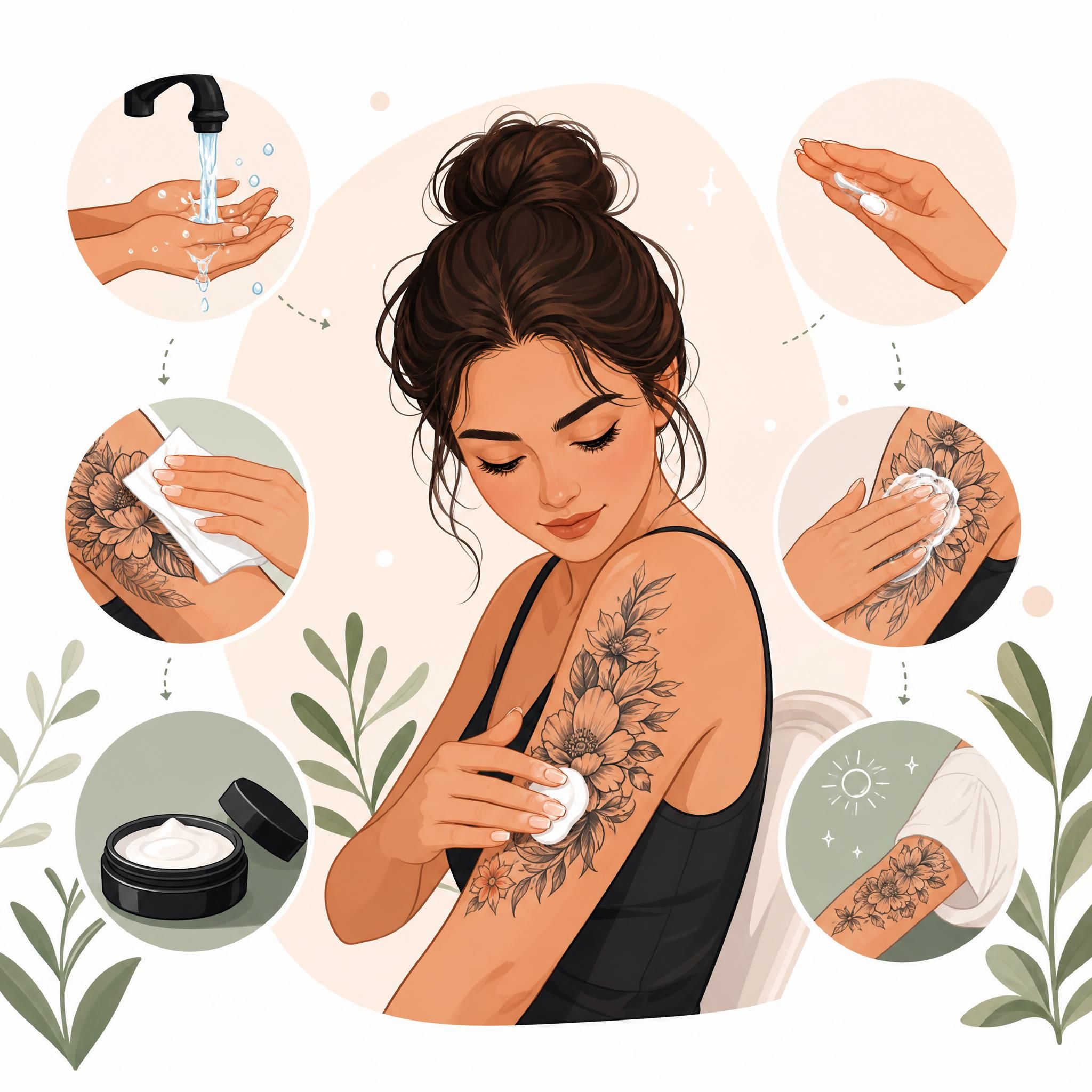Illustration d'une routine de soins pour tatouage avec crème hydratante et gestes doux, style illustratif propre et moderne sans texte