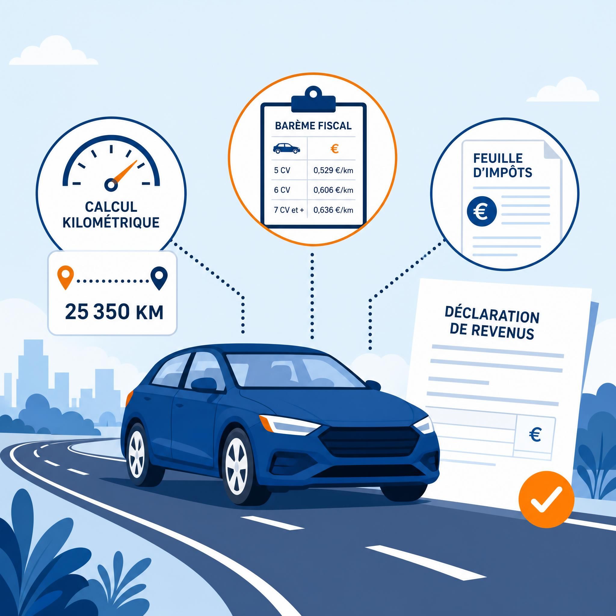 Illustration flat design vectoriel d'une voiture sur une route avec des icônes de calcul kilométrique, barème fiscal et feuille d'impôts — style graphique épuré bleu et orange