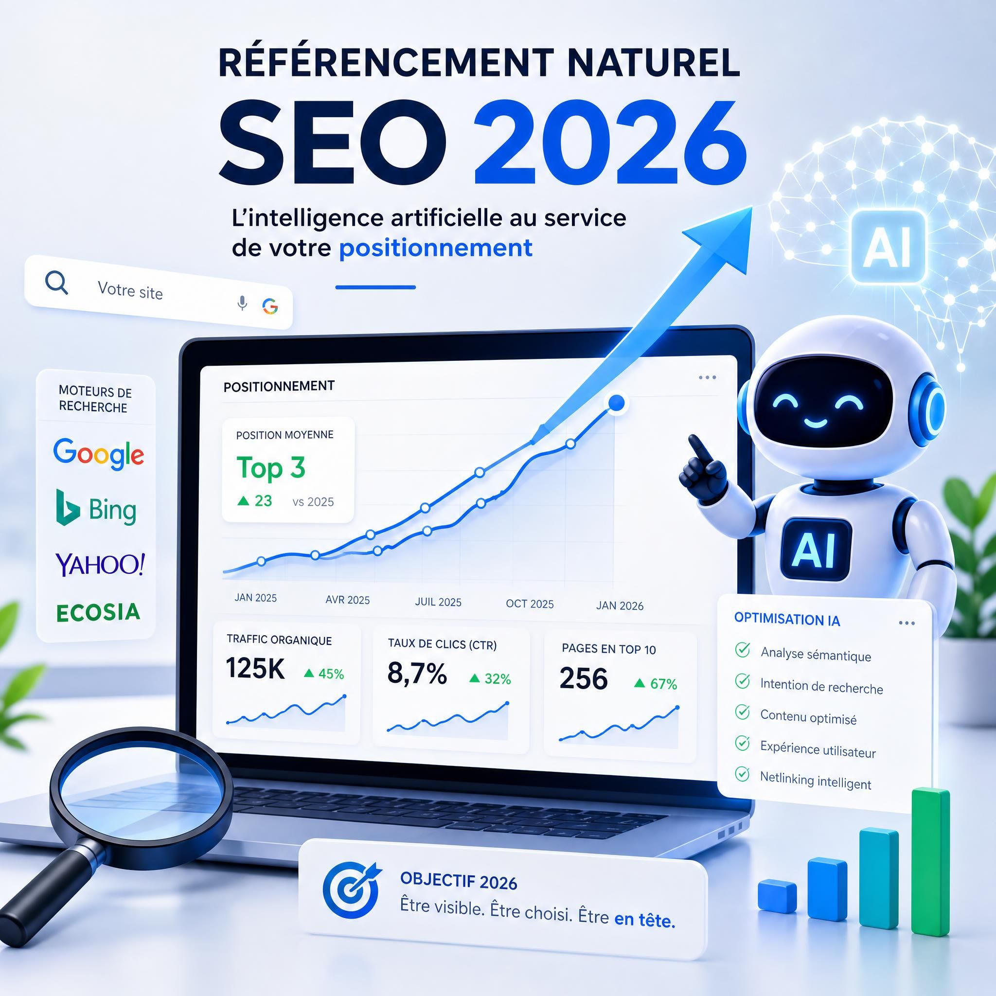 Référencement naturel SEO 2026 - graphique de positionnement sur moteurs de recherche avec intelligence artificielle