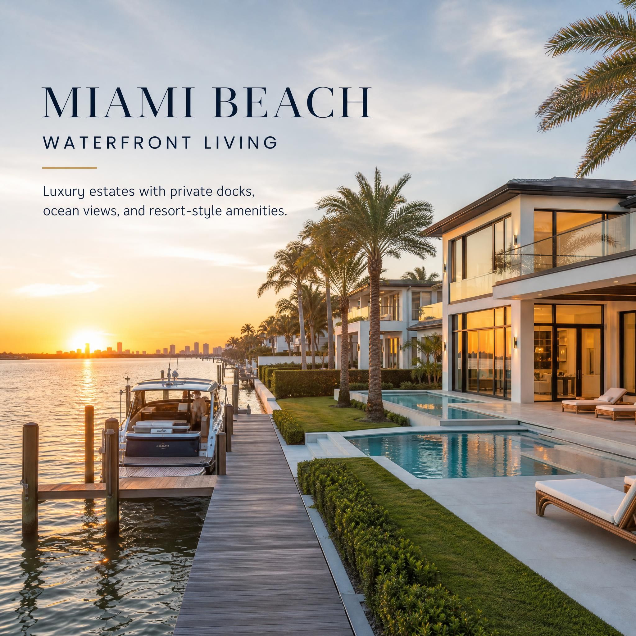 Luxury Miami Beach waterfront estate with private dock, pool, and ocean views at golden hour