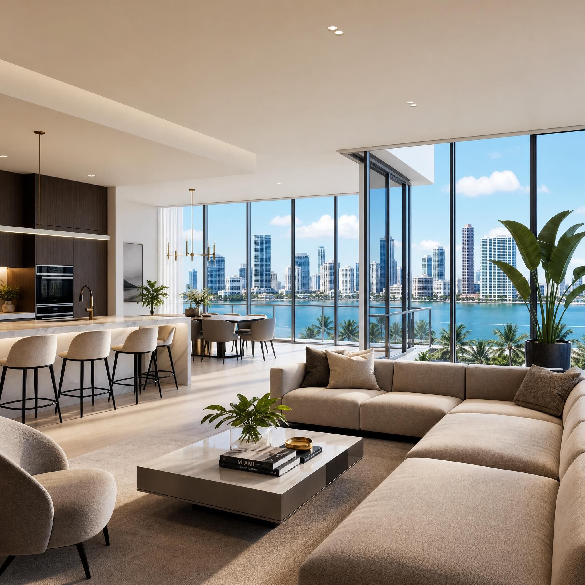 Modern luxury condo interior with floor-to-ceiling glass walls, open-concept living space, and panoramic Miami skyline views