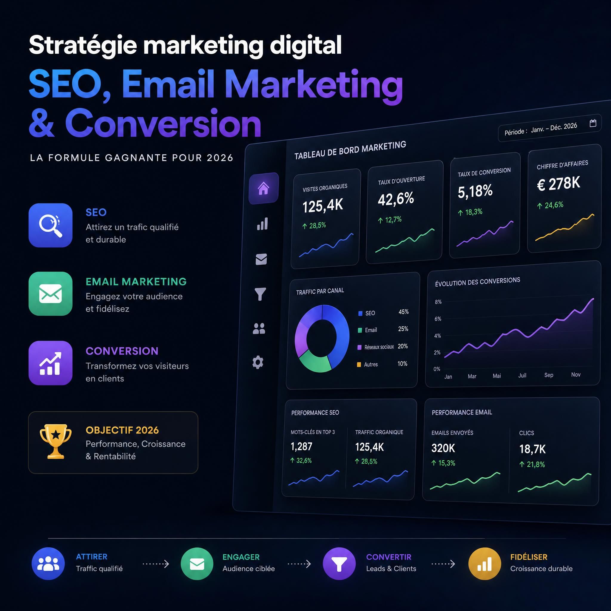 Stratégie marketing digital SEO email marketing conversion 2026 - tableau de bord analytique sur fond sombre
