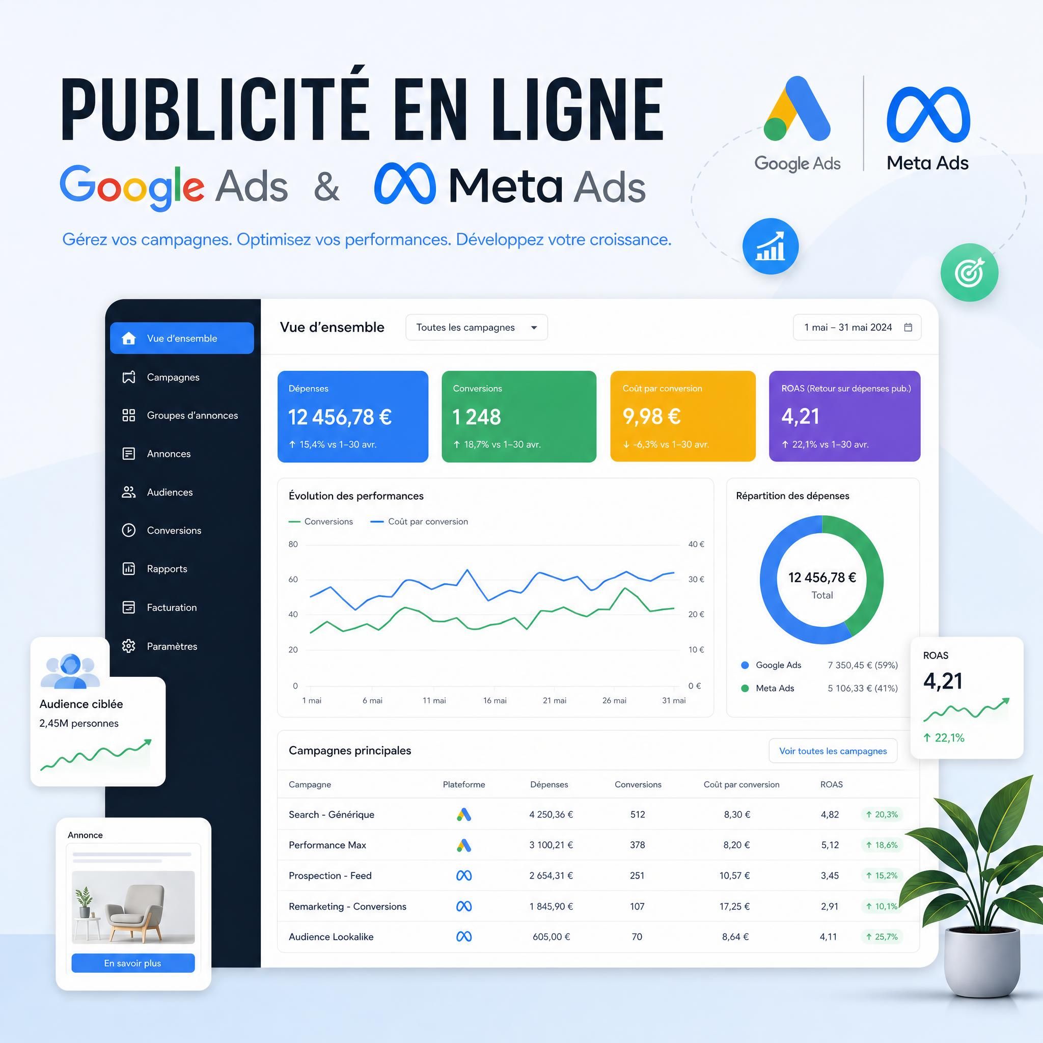 Publicité en ligne Google Ads Meta Ads campagnes payantes - interface de gestion publicitaire avec métriques de performance